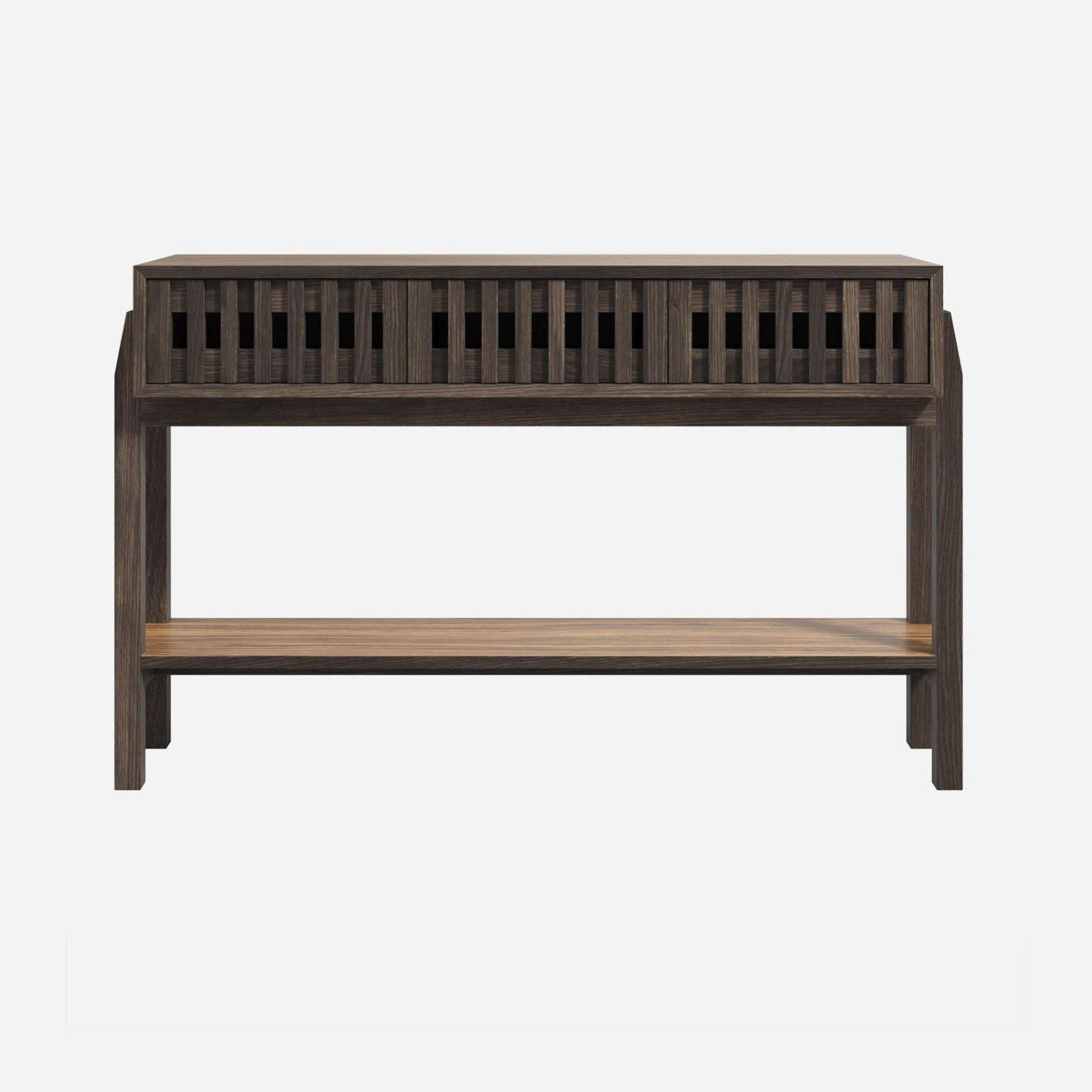 Wooden console table with slatted wood drawer fronts on a white background