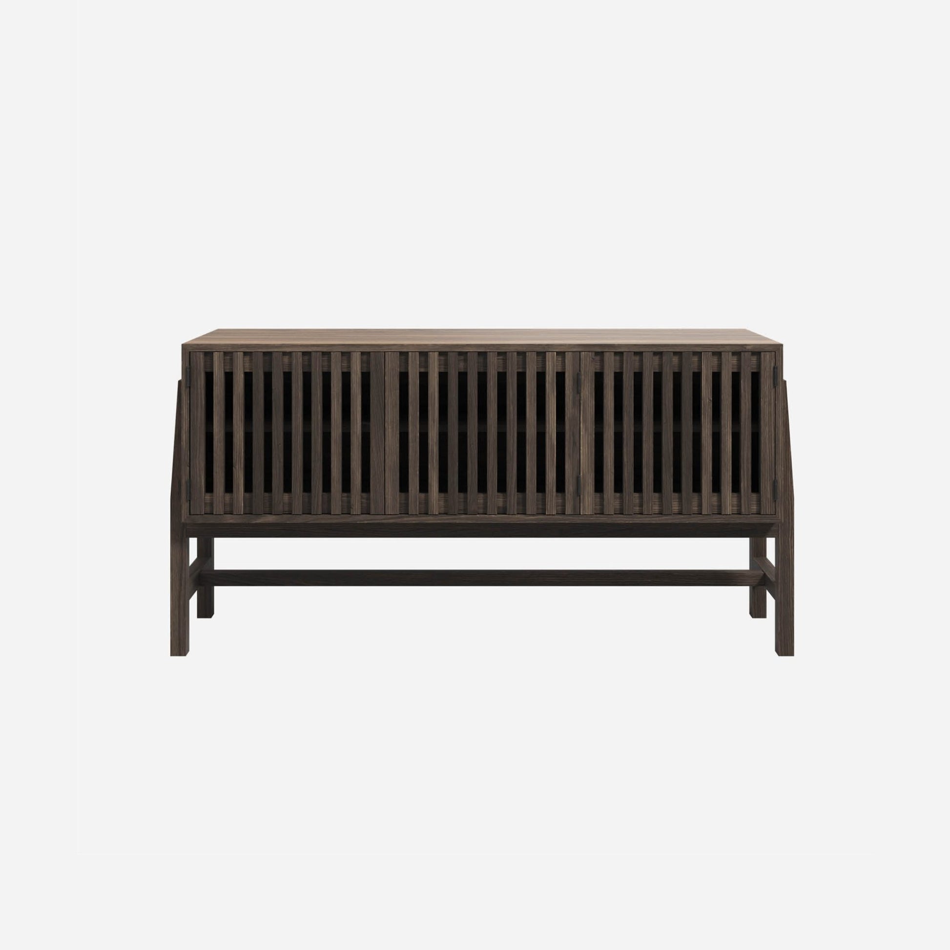 Wooden  three door cabinet with slatted design on a white background