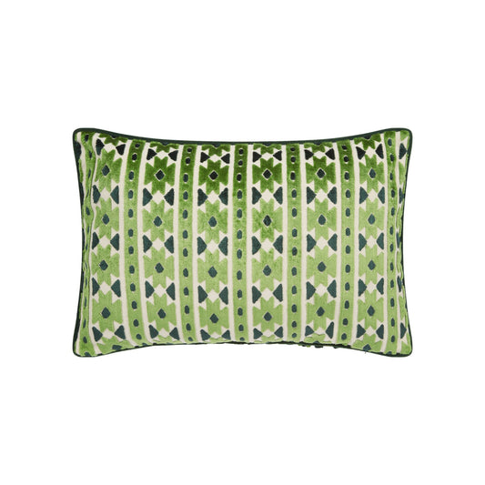 A rectangular green cushion with a geometric pattern and accent piping.