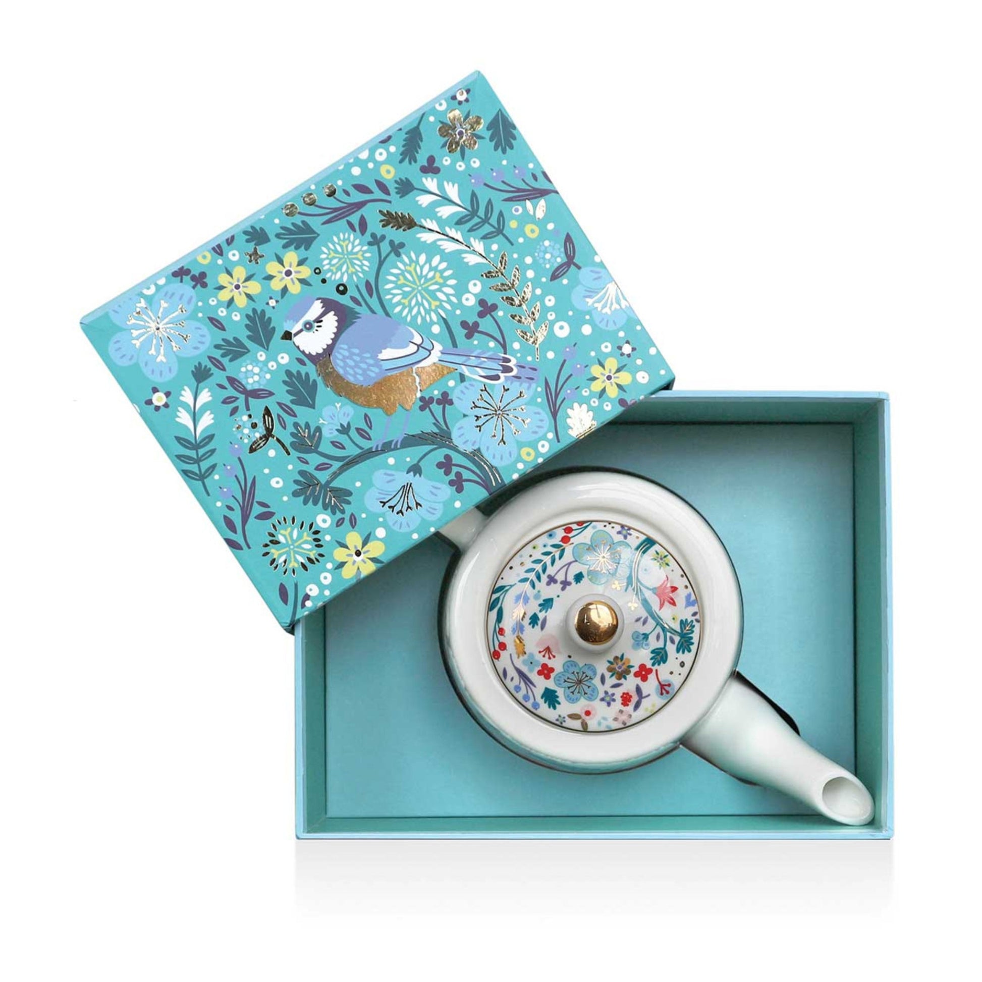 White teapot with floral design in a decorative box with bird and floral pattern