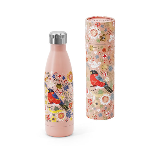 Pink insulated bottle with bird and floral design next to its packaging on a white background