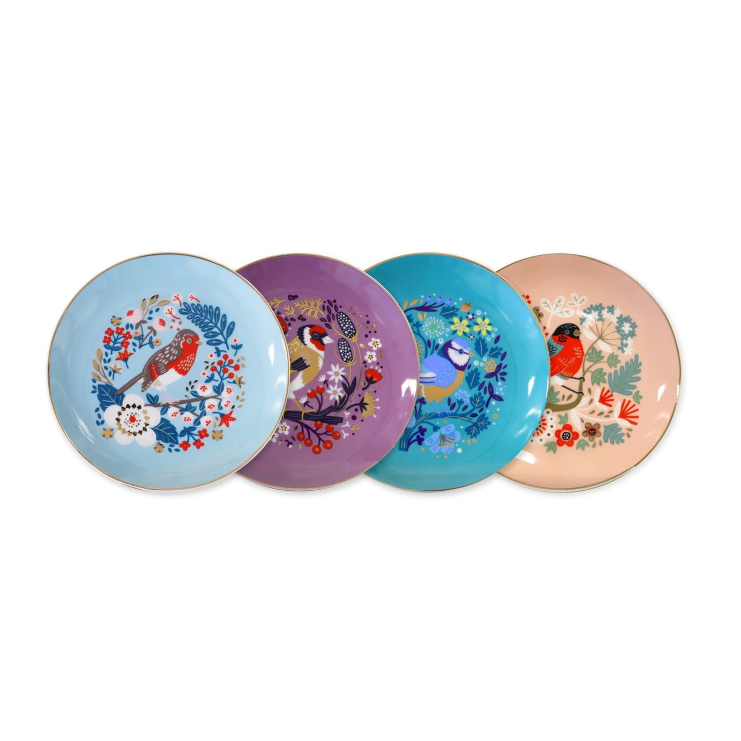 Four decorative plates with floral and bird designs on a white background