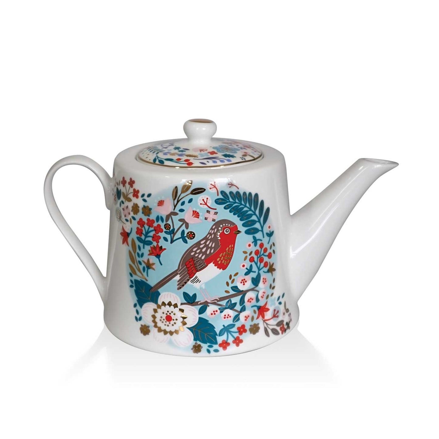 Teapot with floral and bird design on a white background