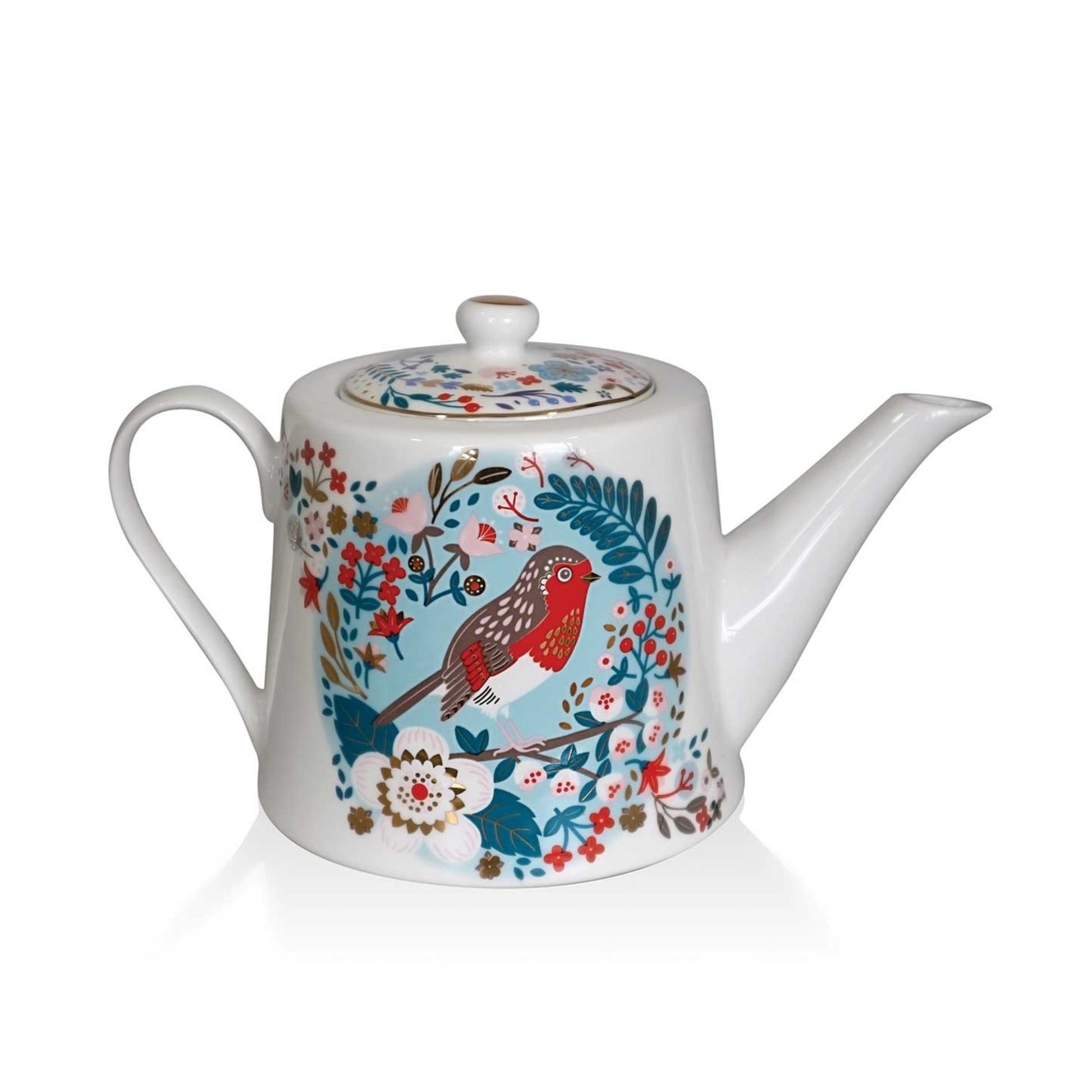 Teapot with floral and bird design on a white background