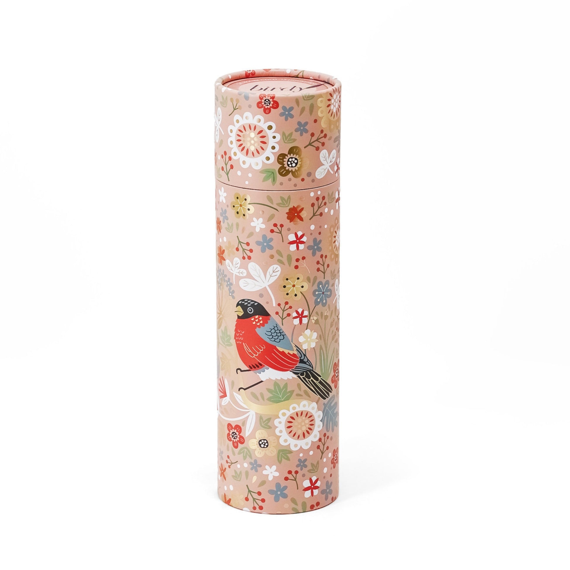 Decorative cylindrical tube gift box with floral and bird design on a white background
