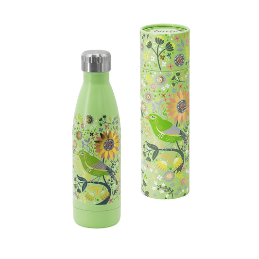 Green water bottle with bird and floral design next to its packaging on a white background