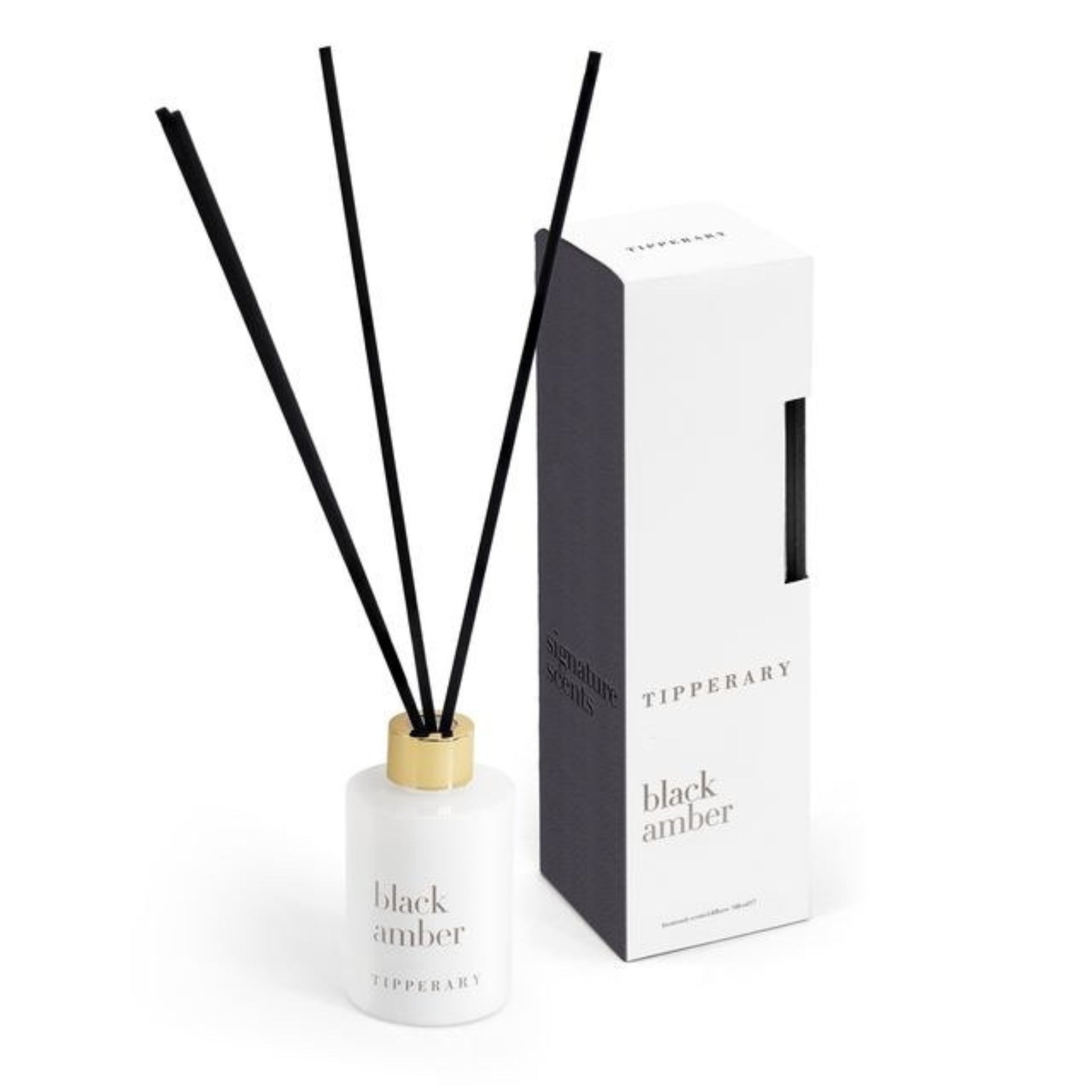 White diffuser bottle with black sticks and gold cap, next to a white box labeled 'Tipperary' on a white background.
