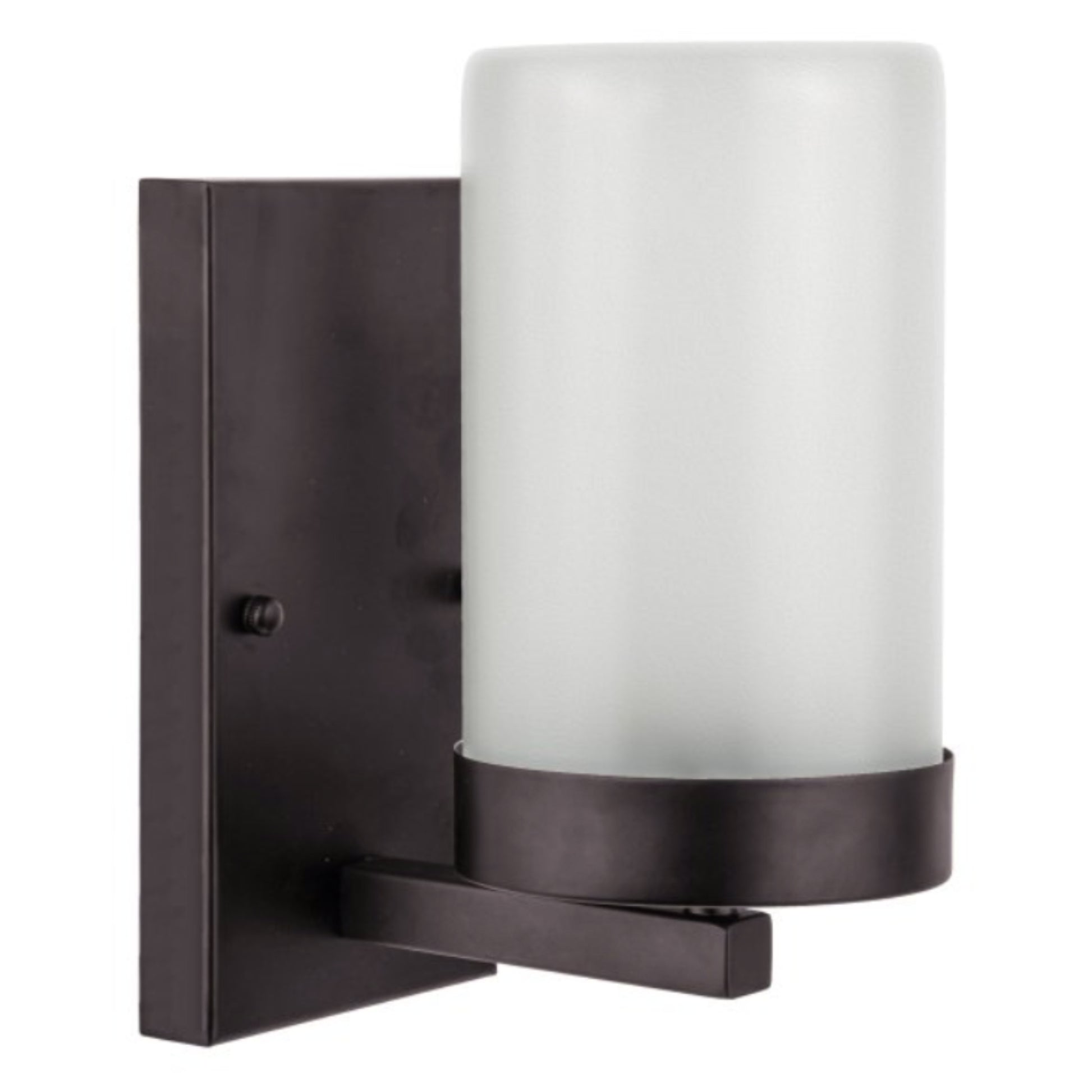 Wall-mounted light fixture with a dark bronze finish and a white glass shade on a white background.