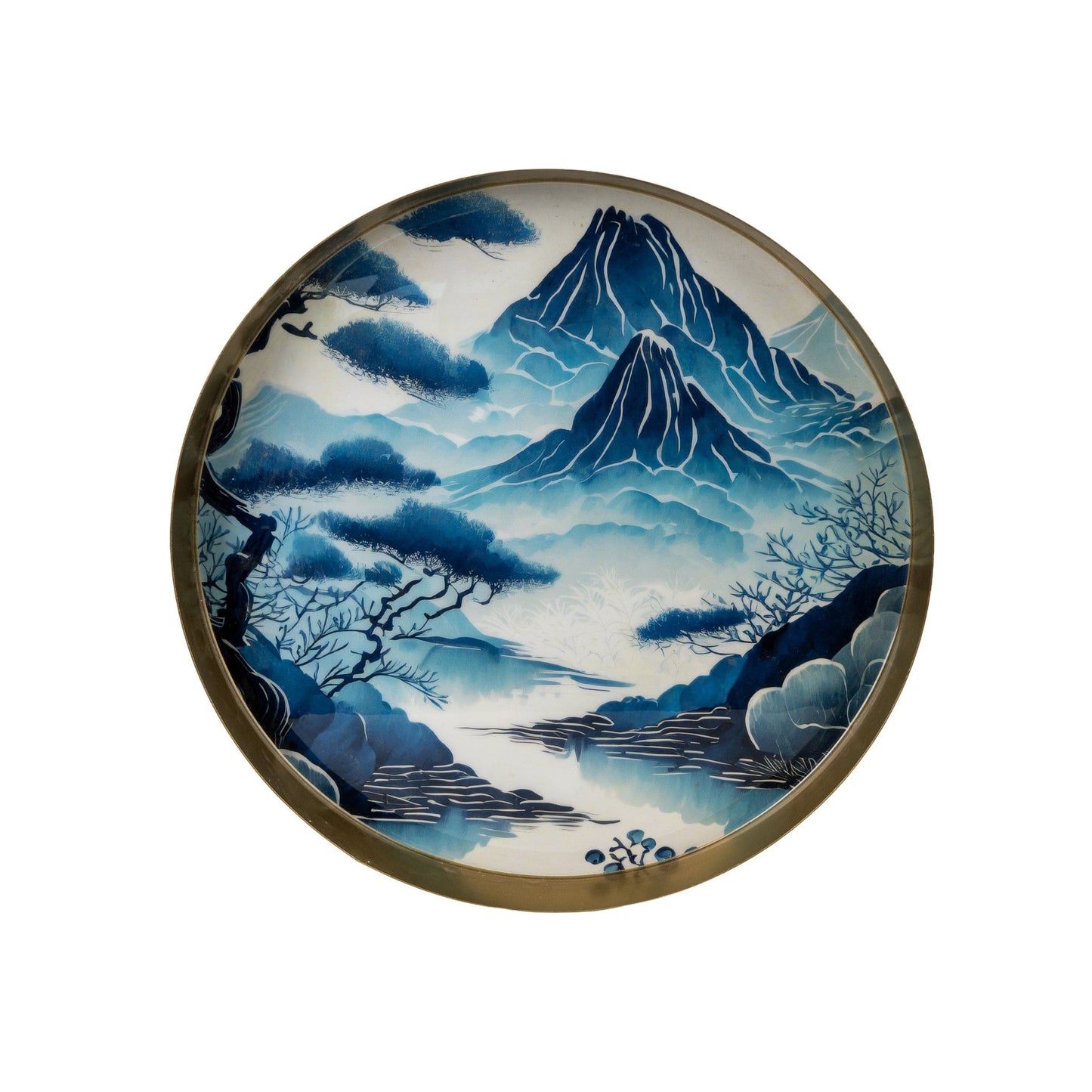 Decorative tray with mountain landscape design on a white background