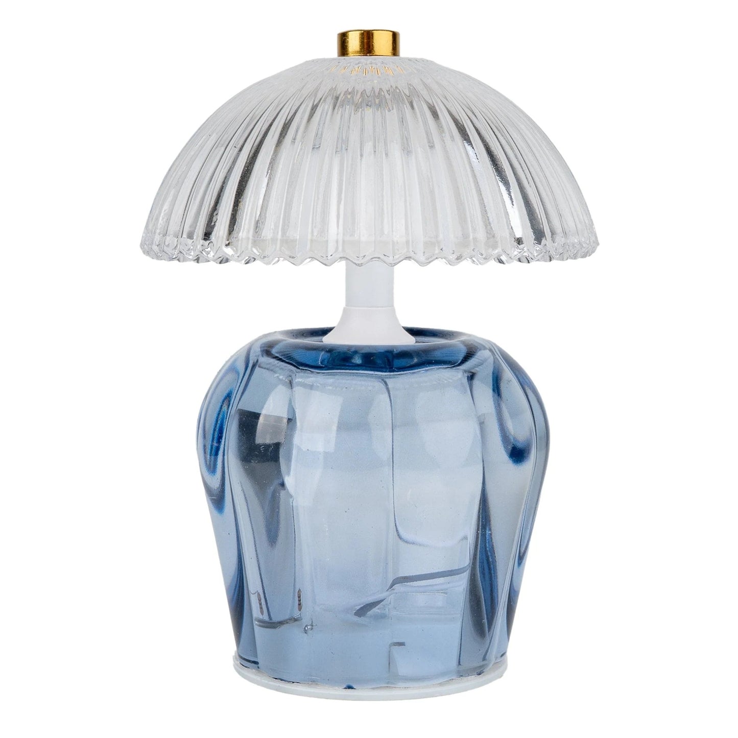 Table lamp with blue base and clear ribbed shade on a white background
