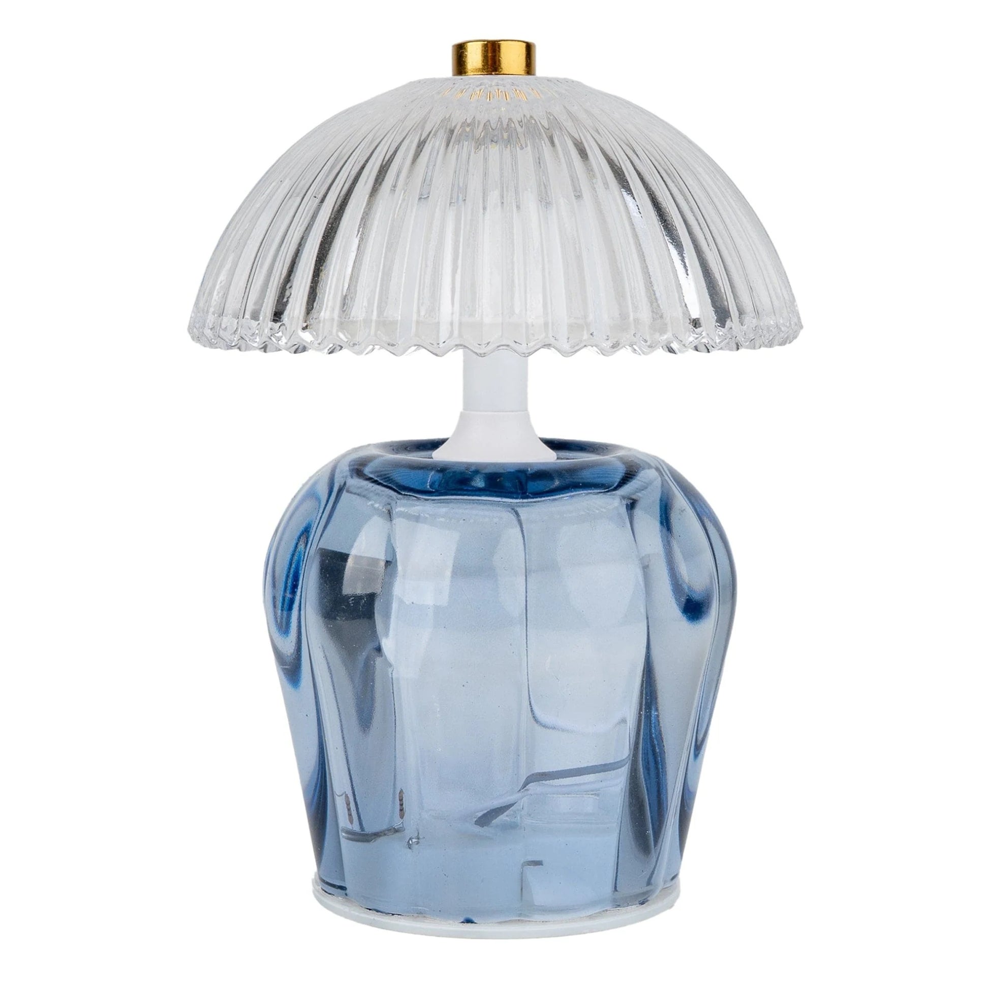 Table lamp with blue base and clear ribbed shade on a white background