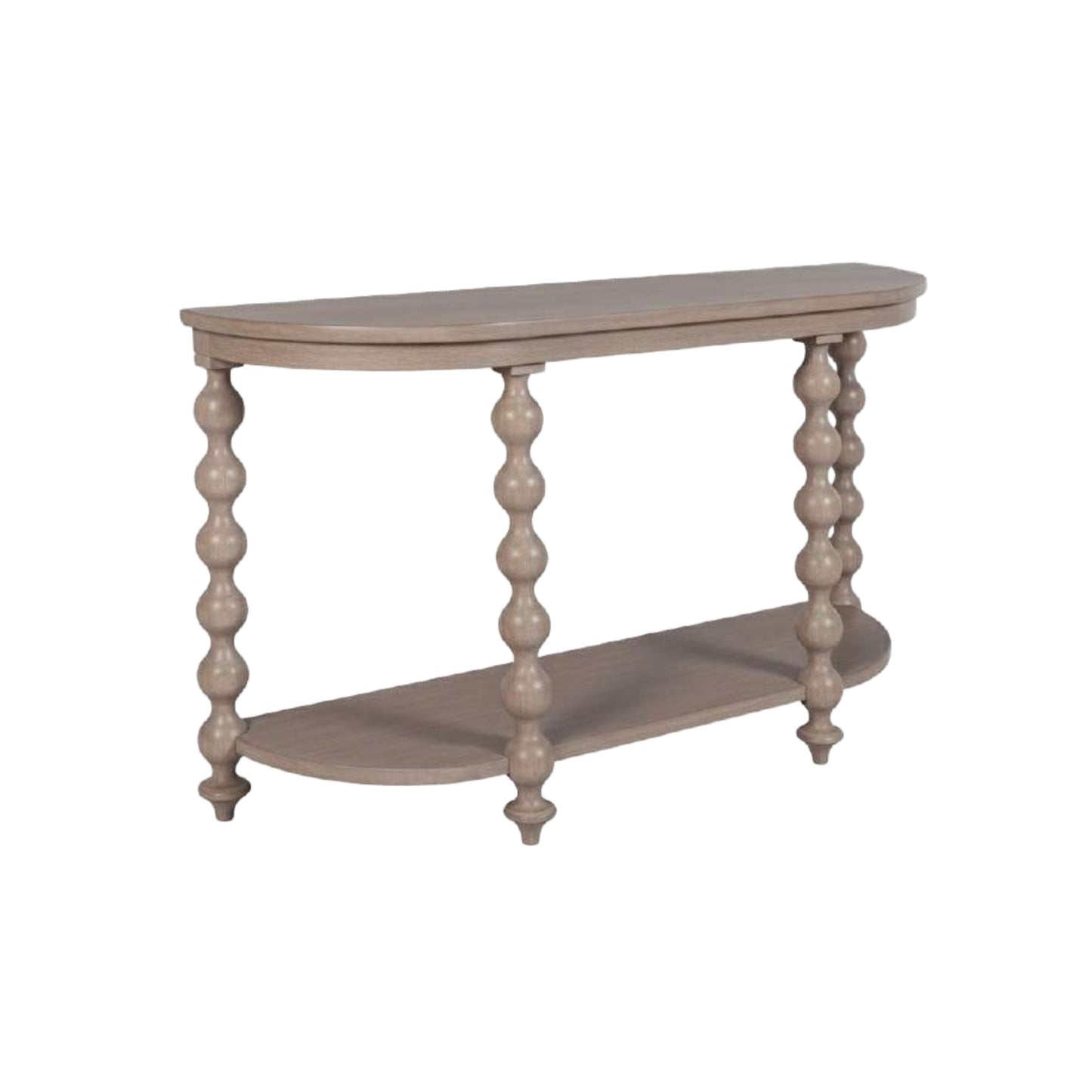 Wooden console table with spherical leg design on a white background