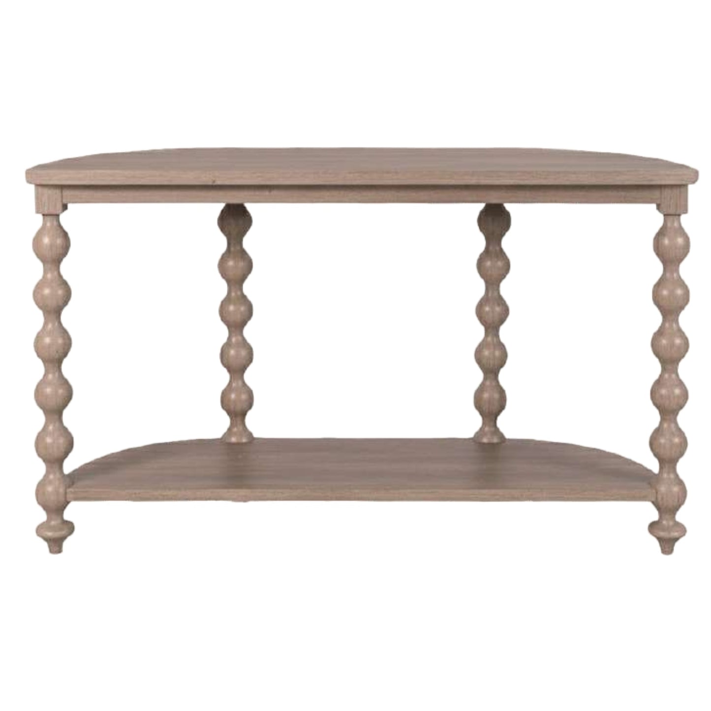 Round wooden table with spiral legs on a white background