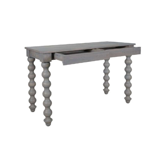 Gray wooden console table with spiral legs on a white background