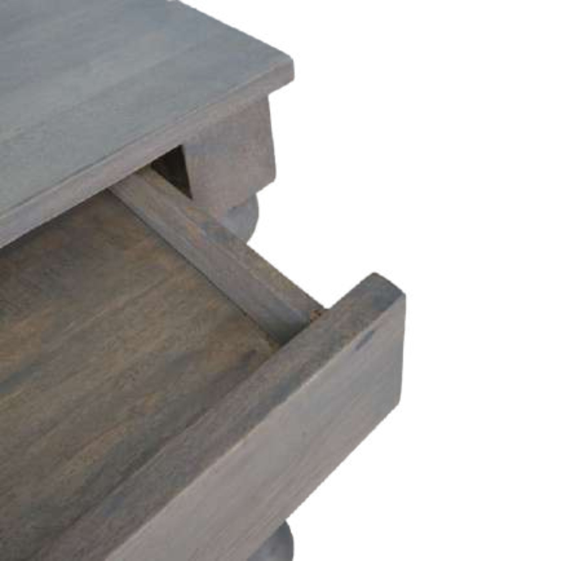 Wooden drawer with a grayish finish on a white background