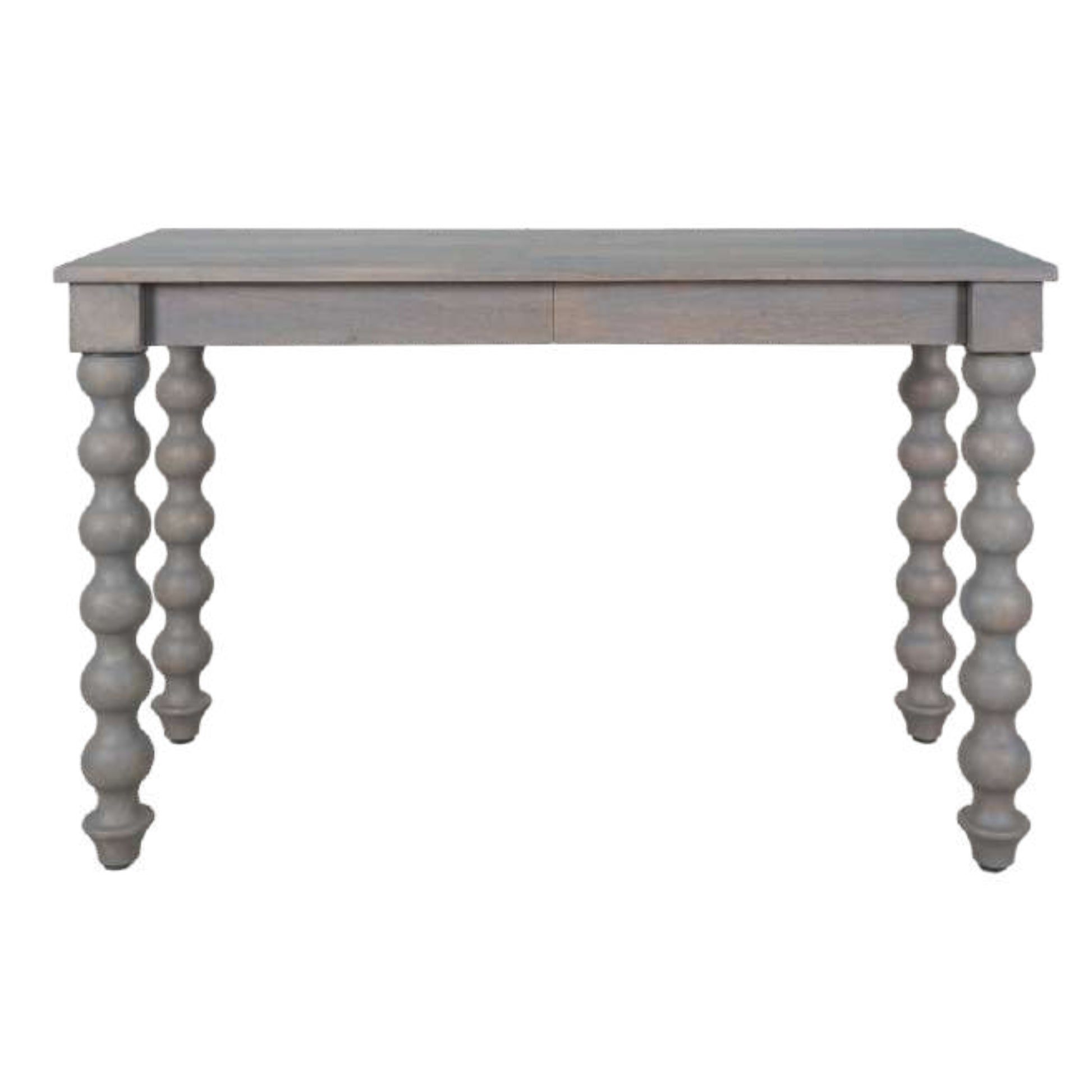 Gray wooden table with spindle legs on a white background