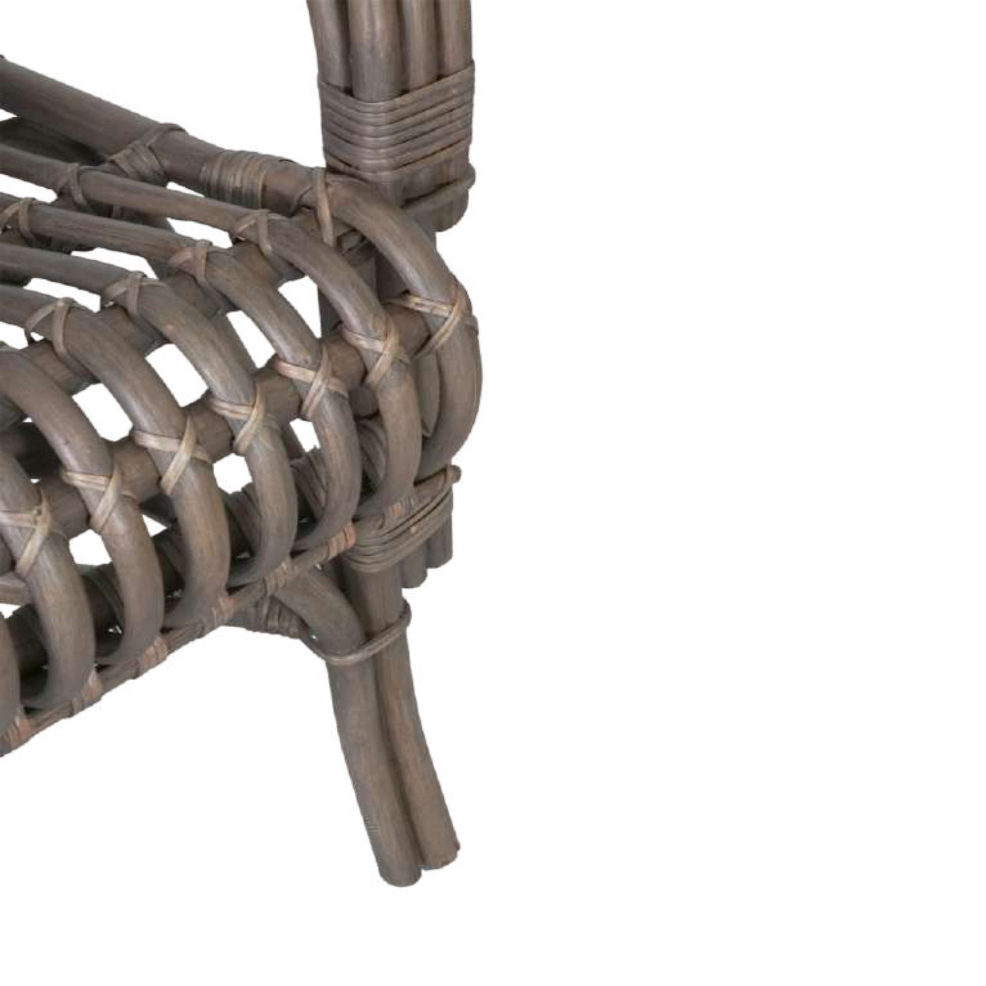 Close-up of a wicker chair's armrest and seat on a white background