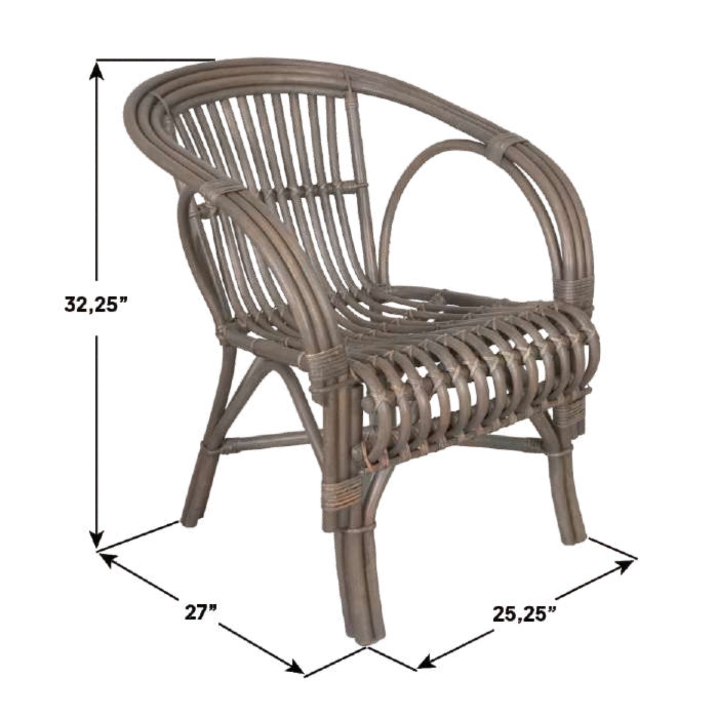 Wicker chair with dimensions marked on a white background