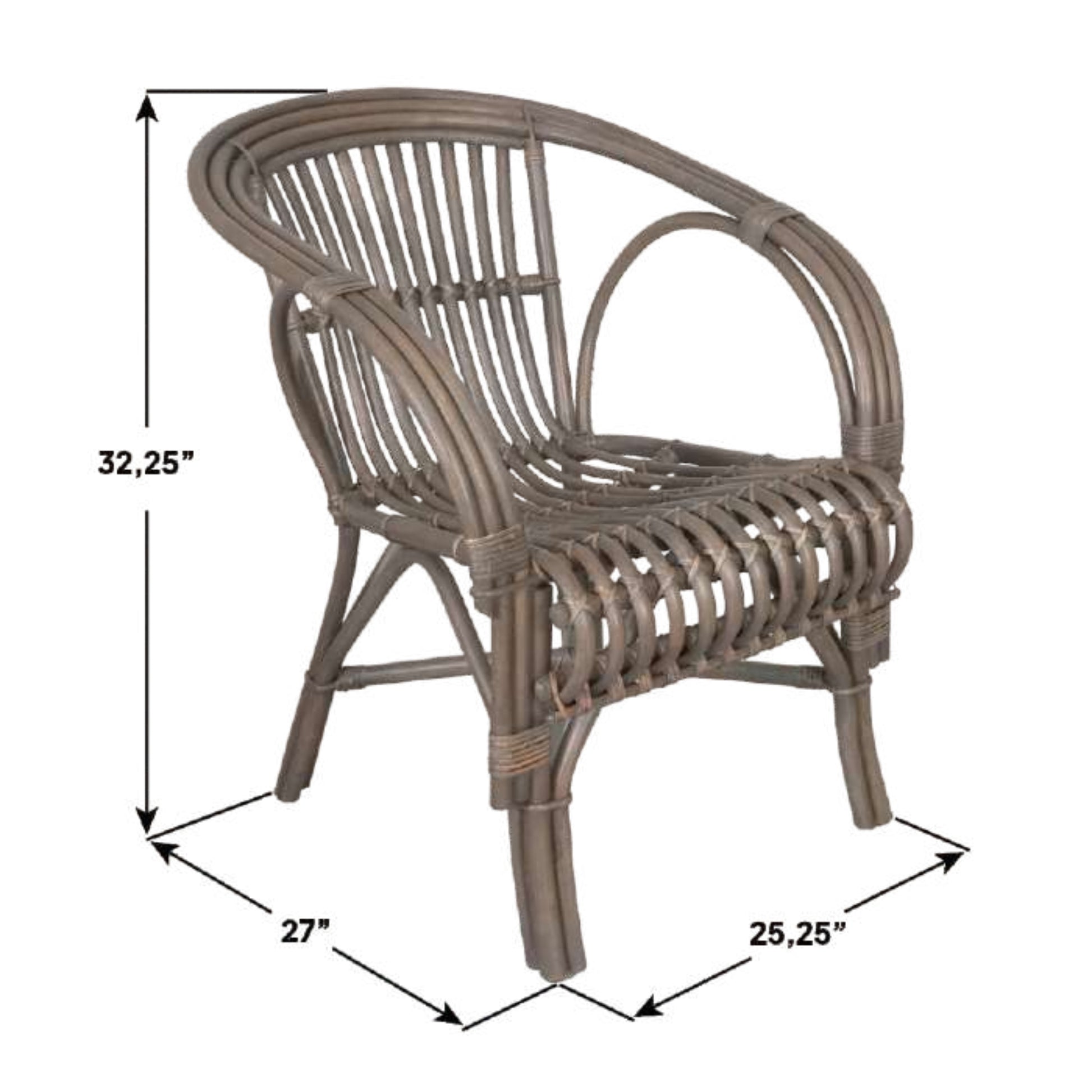 Wicker chair with dimensions marked on a white background