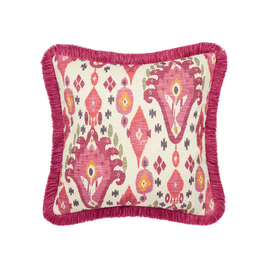 A square-shaped Boho Begonia fringed cushion with pink fringing and a geometric pattern in pink, red, and beige tones.