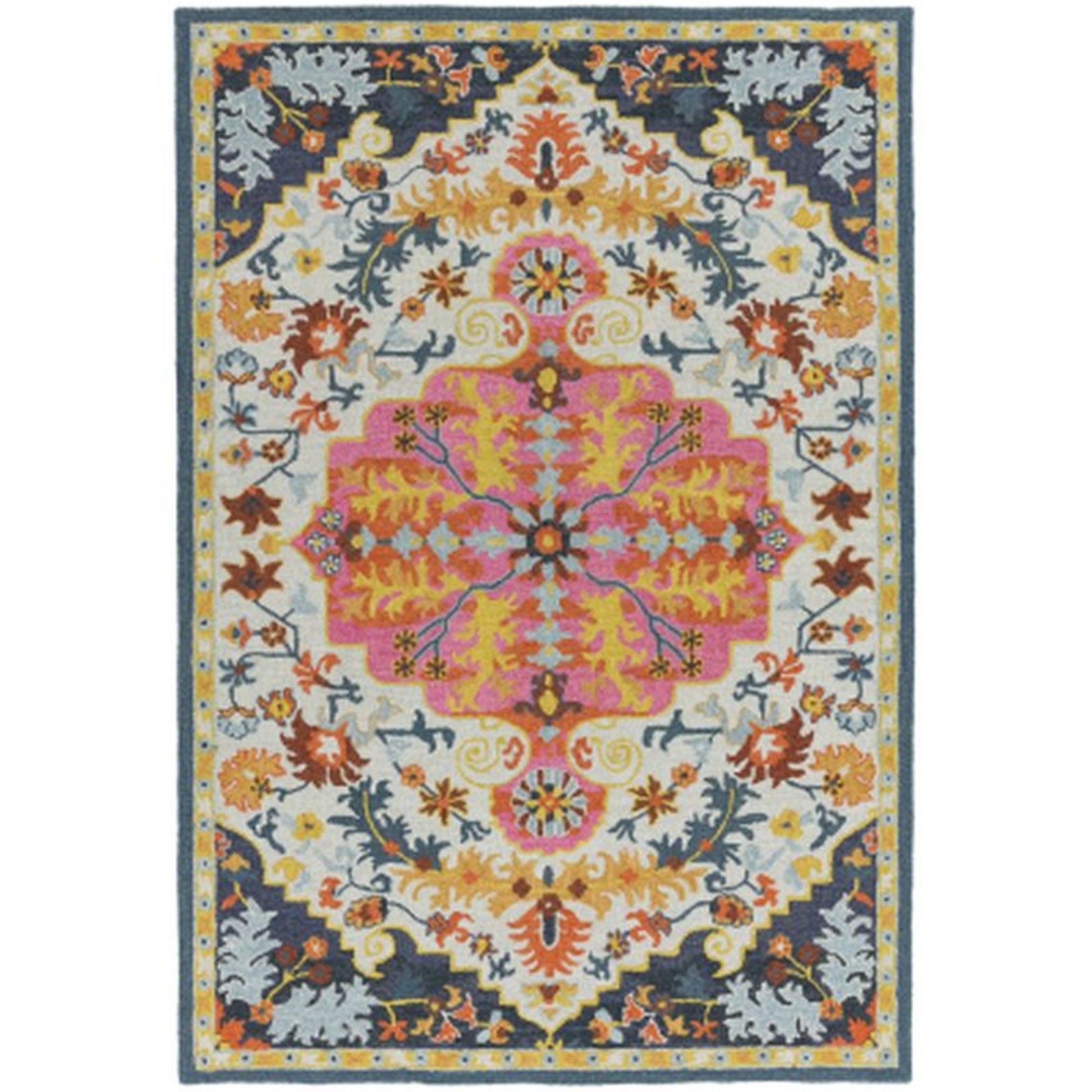A multicoloured wool rug with a distinctive Persian medallion design, placed on a floor in a room with a white sofa, showcasing its vibrant colours.