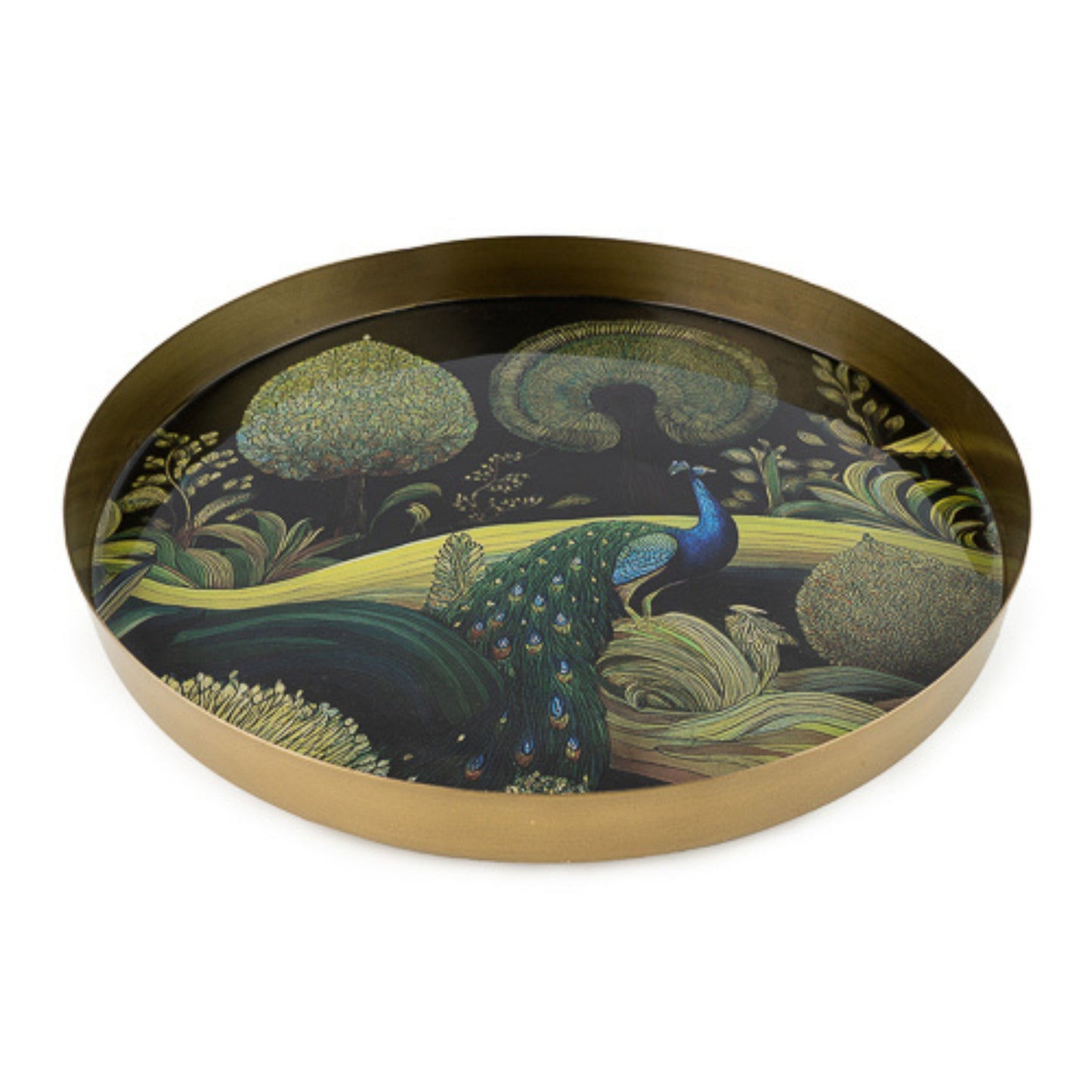 Round decorative tray with peacock design on a white background