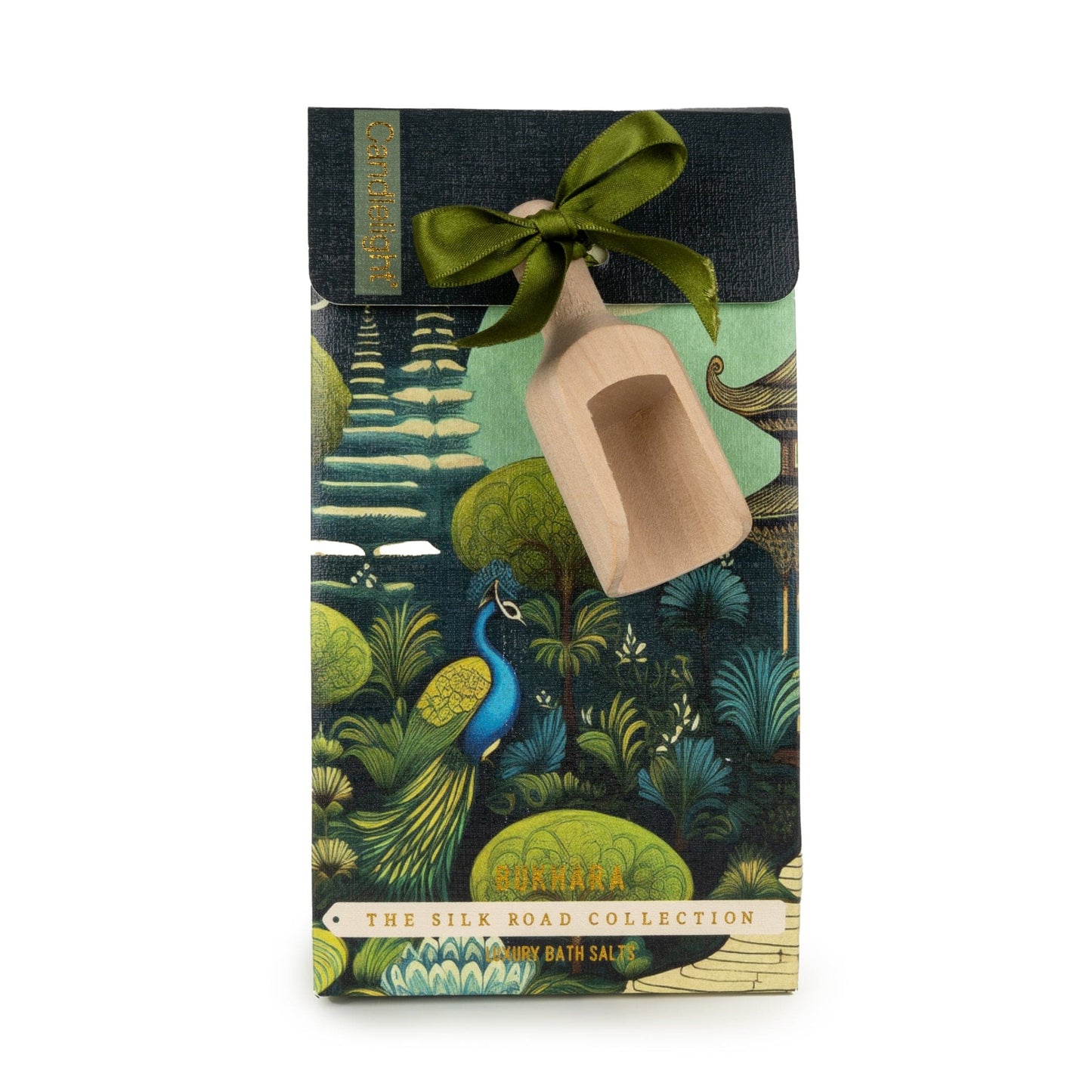 Packaged product with a decorative box featuring a peacock design and a wooden scoop.