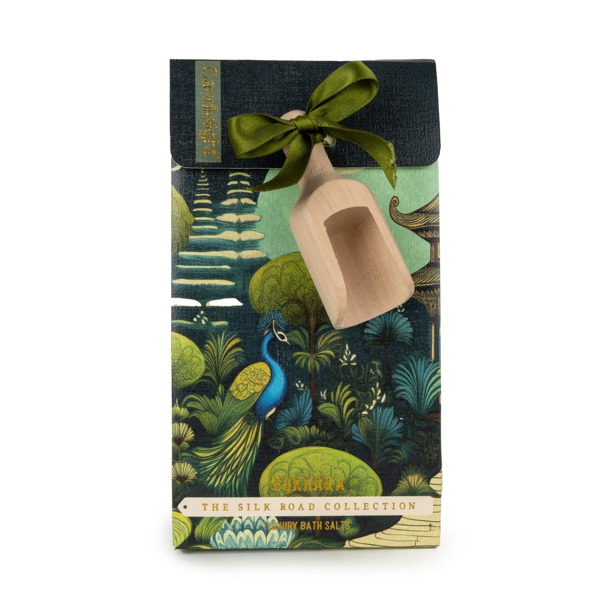 Packaged product with a decorative box featuring a peacock design and a wooden scoop.