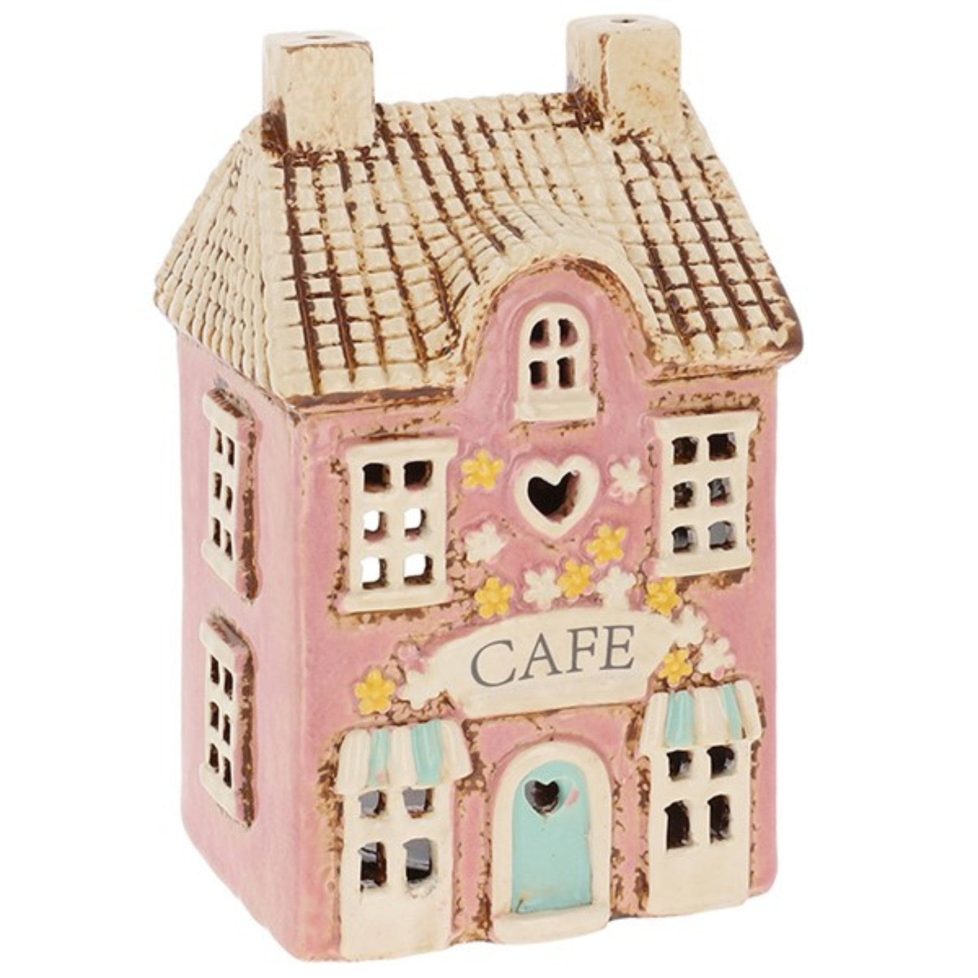 Small ceramic house-shaped figurine with 'Cafe' text on a white background
