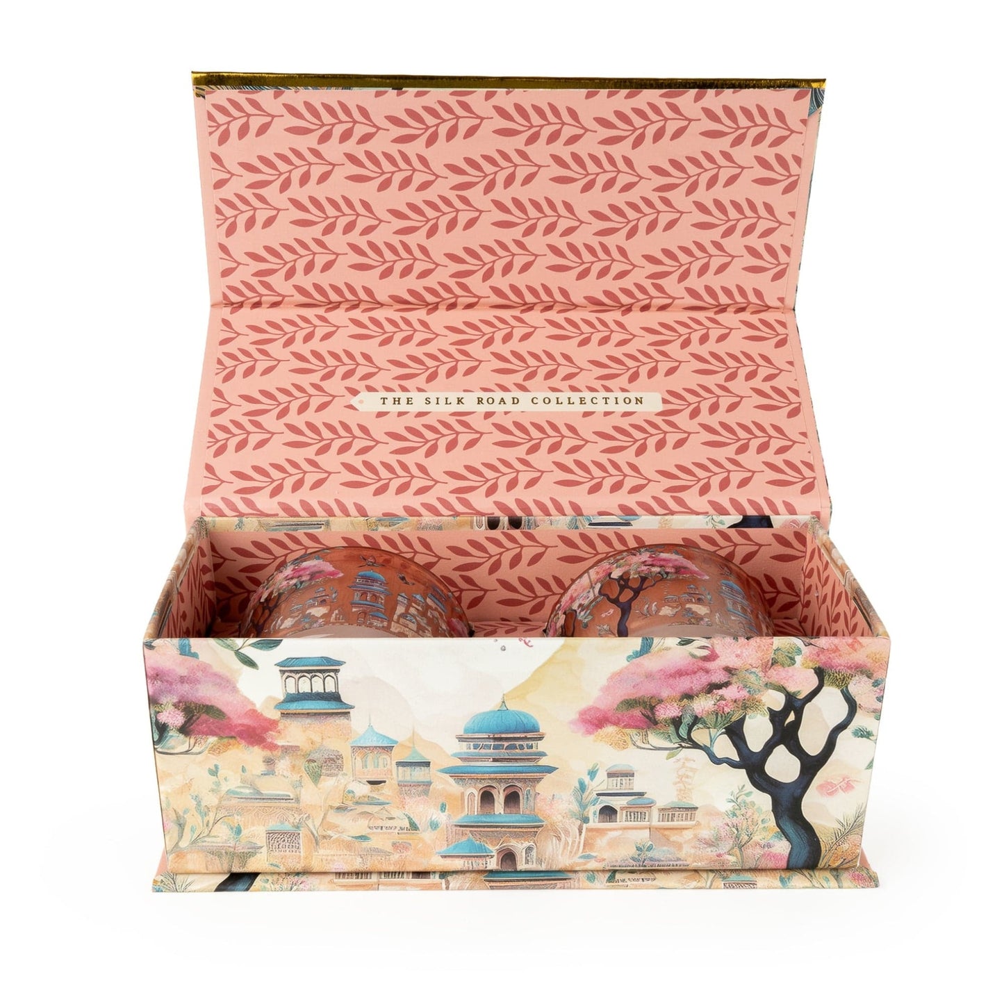 Decorative box with 'The Silk Road Collection' design on a white background