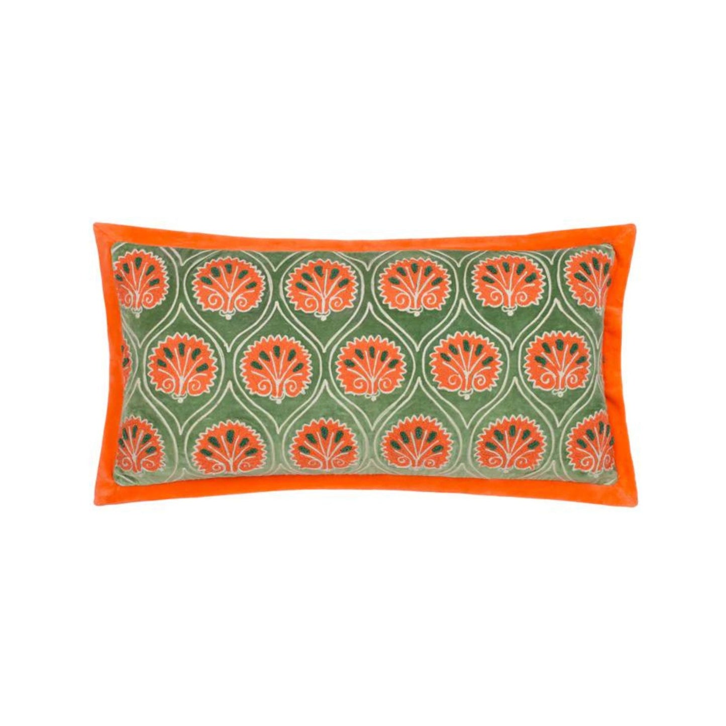 Casa oxford orange edged rectangle cushion with orange and green embroidered pattern