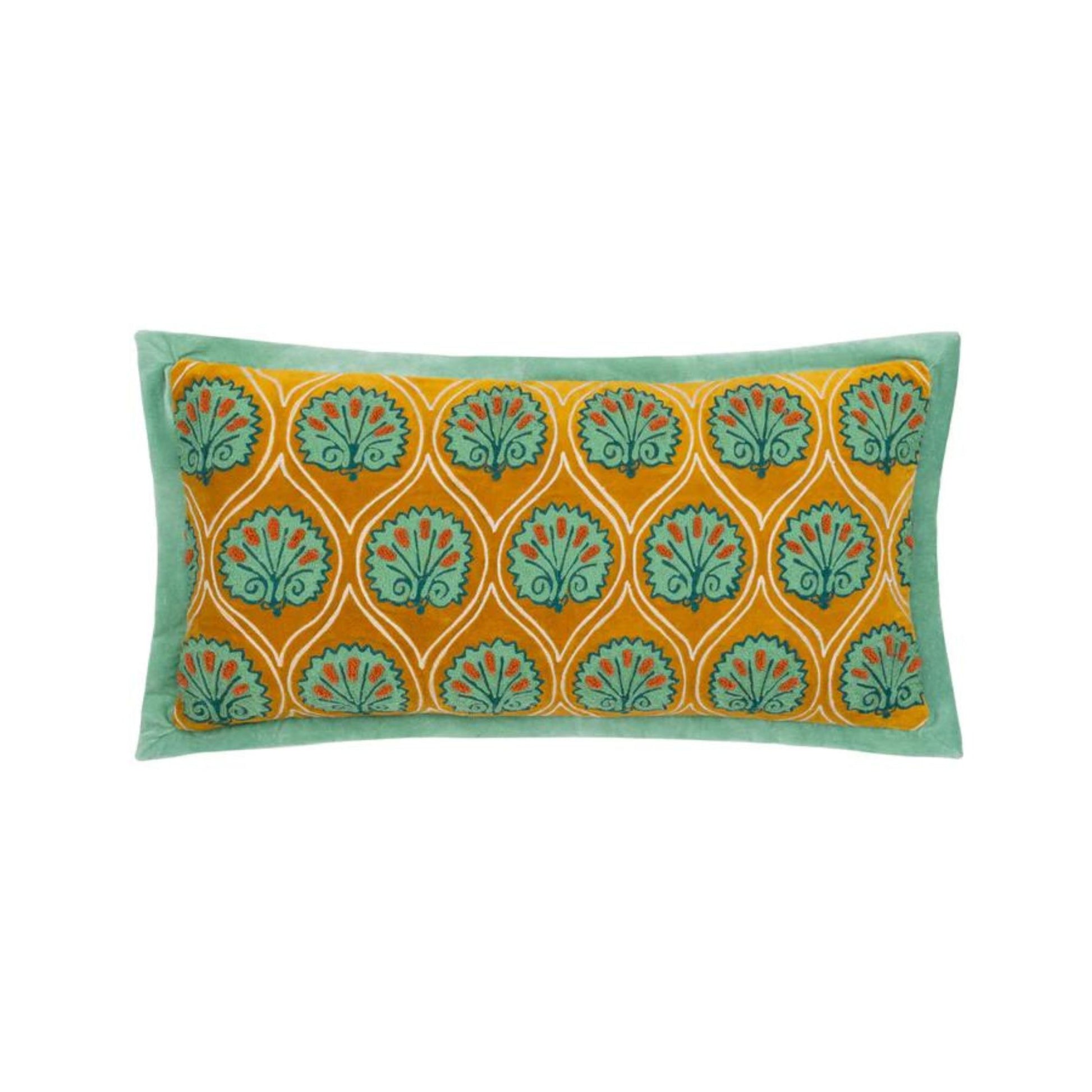 A rectangular mustard and green embroidered cushion with a floral pattern on a white background