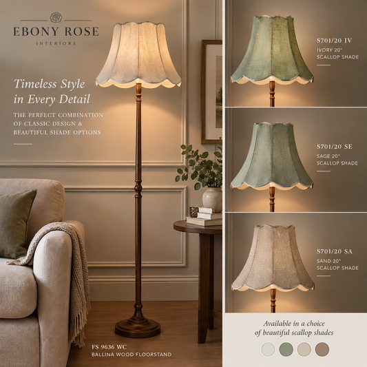 Promotional collage for the Ebony Rose Ballina Wood Floorstand, showing the lamp lit in a styled living room and three shade color options: Ivory, Sage, and Sand. The floorstand has a dark brown wood finish and a scalloped fabric shade.