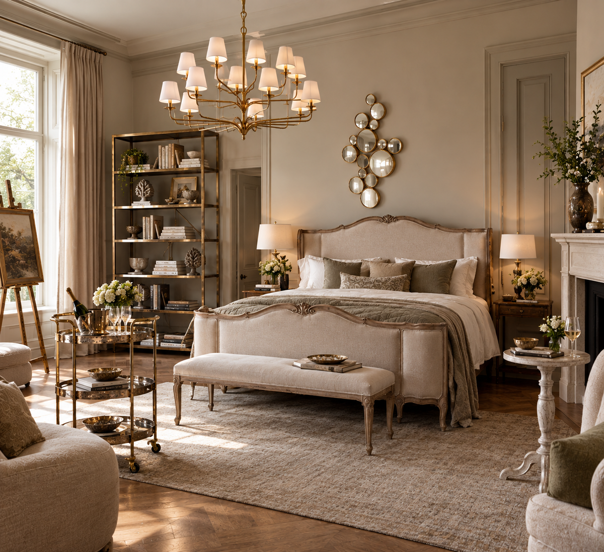 A styled bedroom interior featuring a cream upholstered bed with ornate gold-toned frame details, a matching bench at the foot, a brass chandelier, shelving, lamps, and a fireplace. No person or animal is present, but this is still not a clean isolated product shot because the product is shown within a real room environment, so subject_type is Lifestyle.