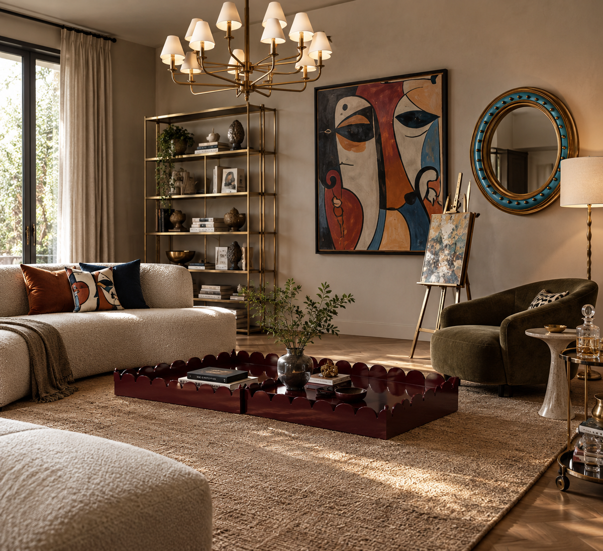 A styled living room interior featuring a cream boucle sofa, a dark red scalloped coffee tray, a beige rug, a gold chandelier, a gold shelving unit, a green armchair, and a large abstract painting on the wall.