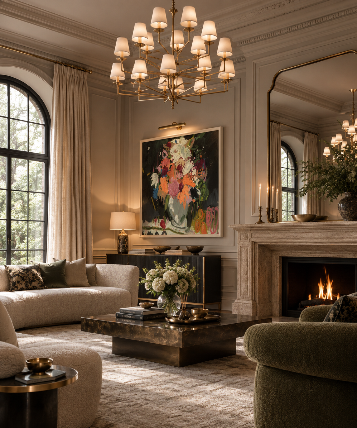 A luxury living room interior featuring a large framed colorful floral painting on the wall above a dark wood coffee table, with a fireplace, chandelier, and elegant furniture.
