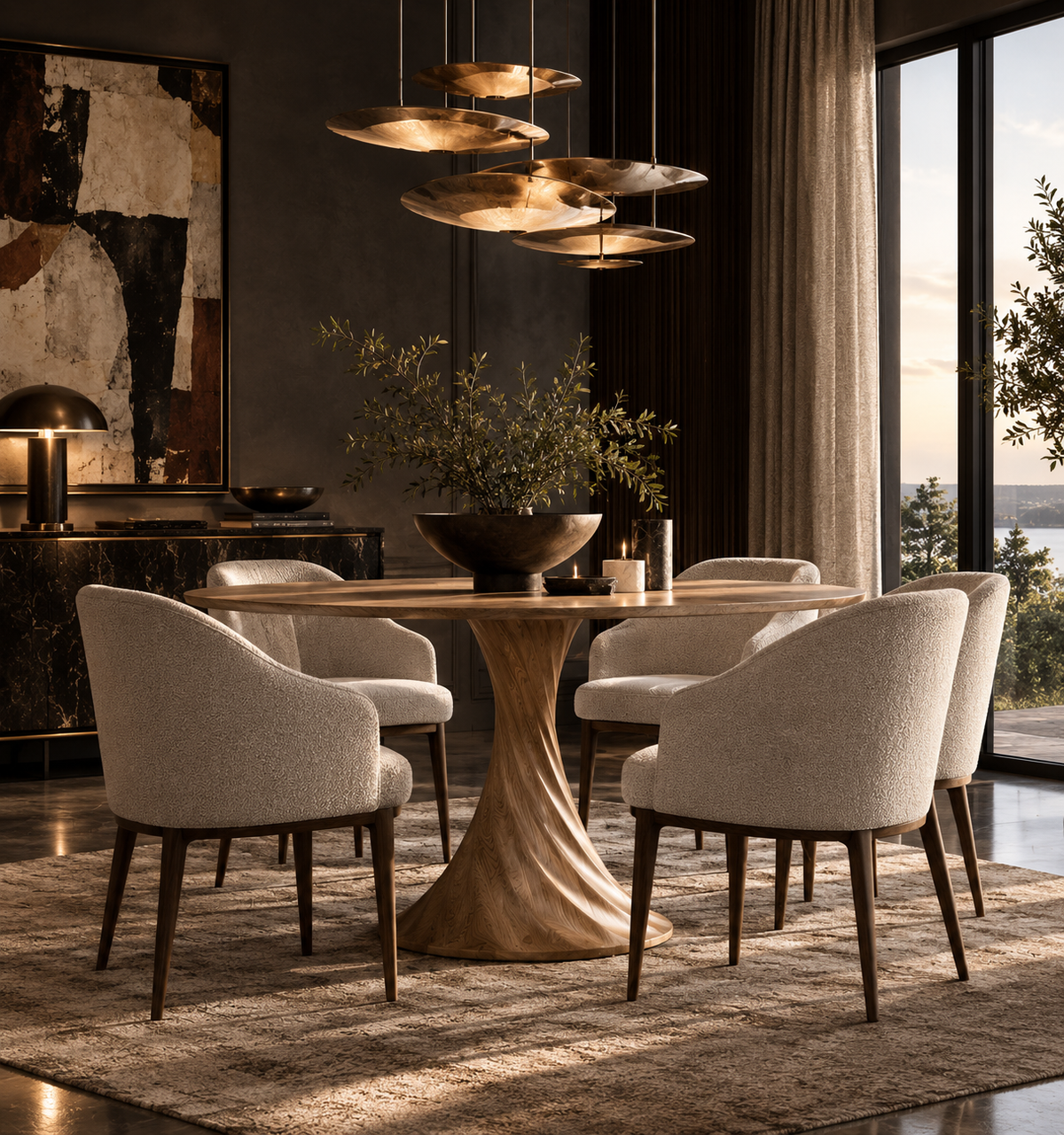 A modern dining room scene featuring a round wooden pedestal table surrounded by six upholstered dining chairs in a light beige fabric. The set is styled on a textured beige rug under a multi-tiered gold pendant chandelier, with a dark wood sideboard and a large abstract painting in the background.