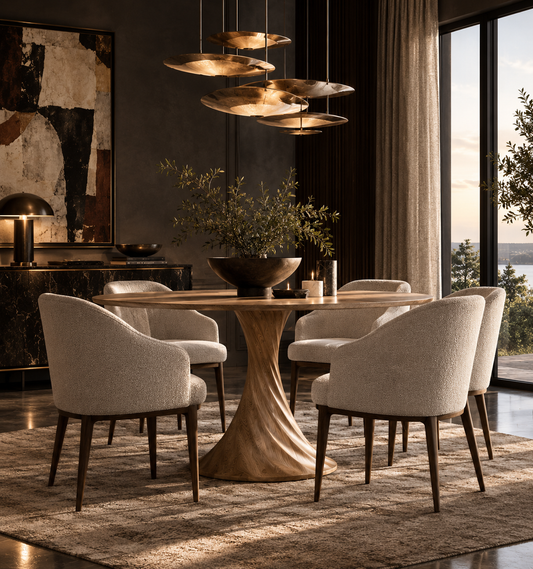 A modern dining room scene featuring a round wooden pedestal table surrounded by six upholstered dining chairs in a light beige fabric. The set is styled on a textured beige rug under a multi-tiered gold pendant chandelier, with a dark wood sideboard and a large abstract painting in the background.