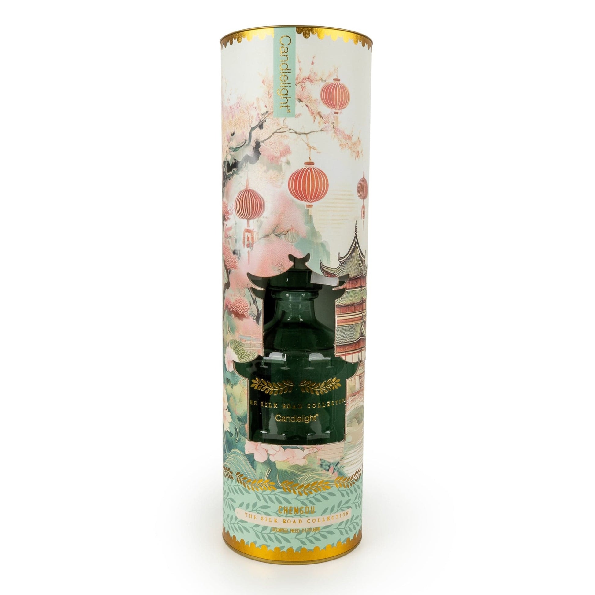 Decorative cylindrical product with floral and architectural design on a white background
