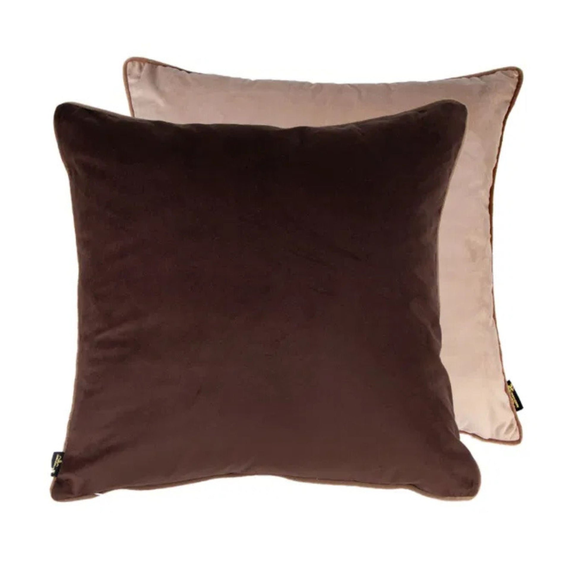 A square chocolate brown velvet cushion with a taupe piped edge, showing the reverse side in taupe colour.