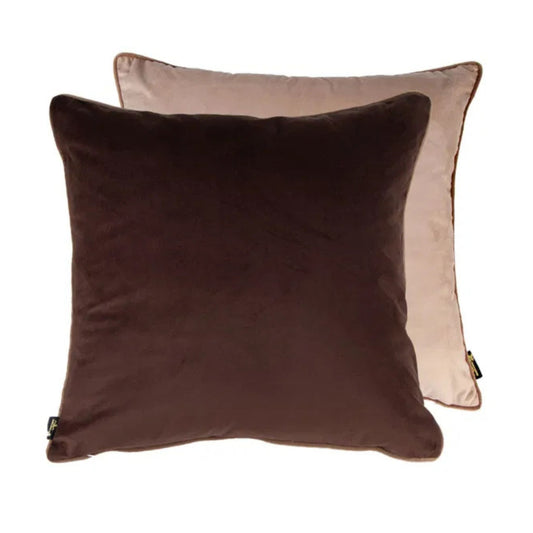 A square chocolate brown velvet cushion with a taupe piped edge, showing the reverse side in taupe colour.