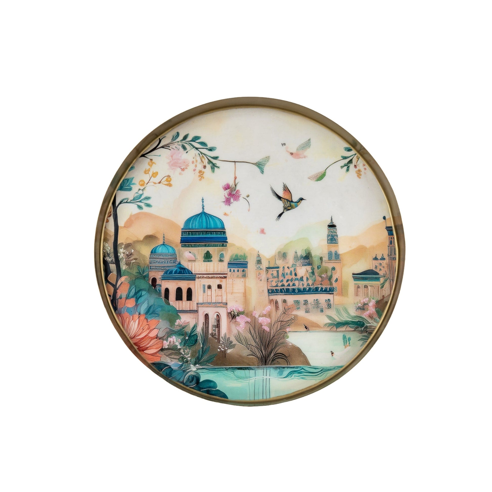 Decorative tray with a colorful cityscape design on a white background