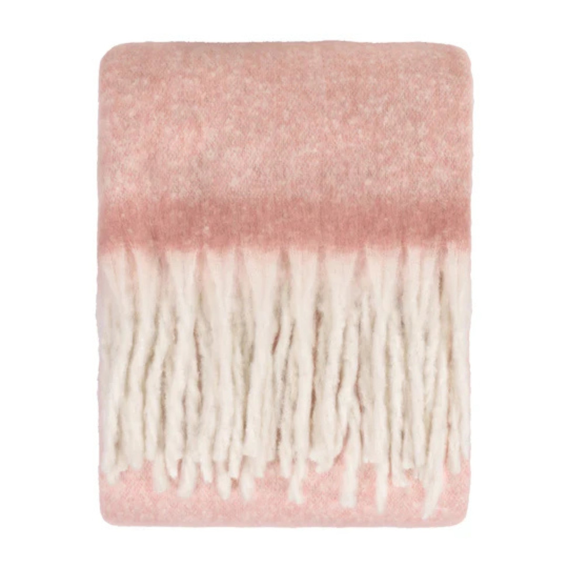 Pink and white blanket with fringes on a white background