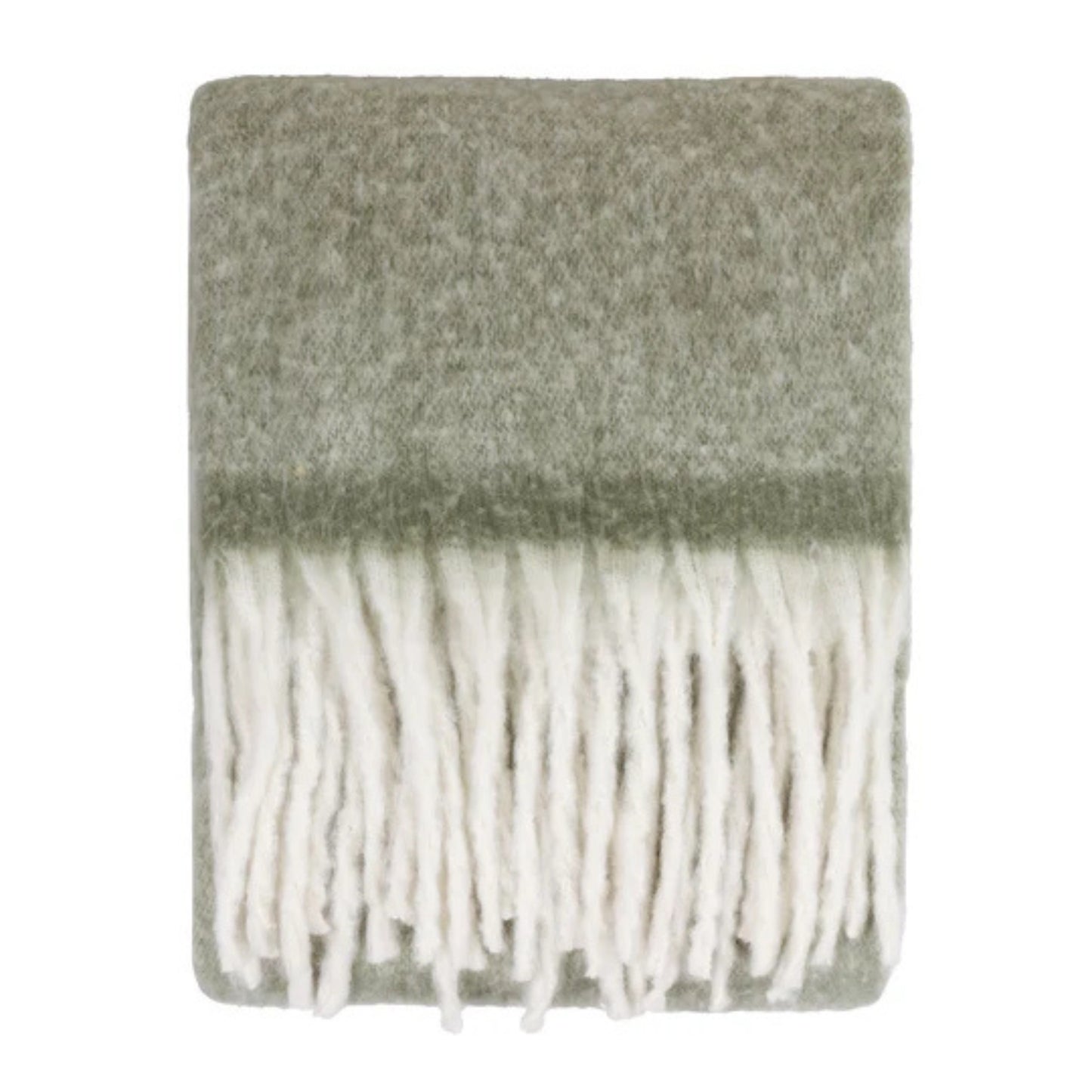 Green throw blanket with white fringe on a white background