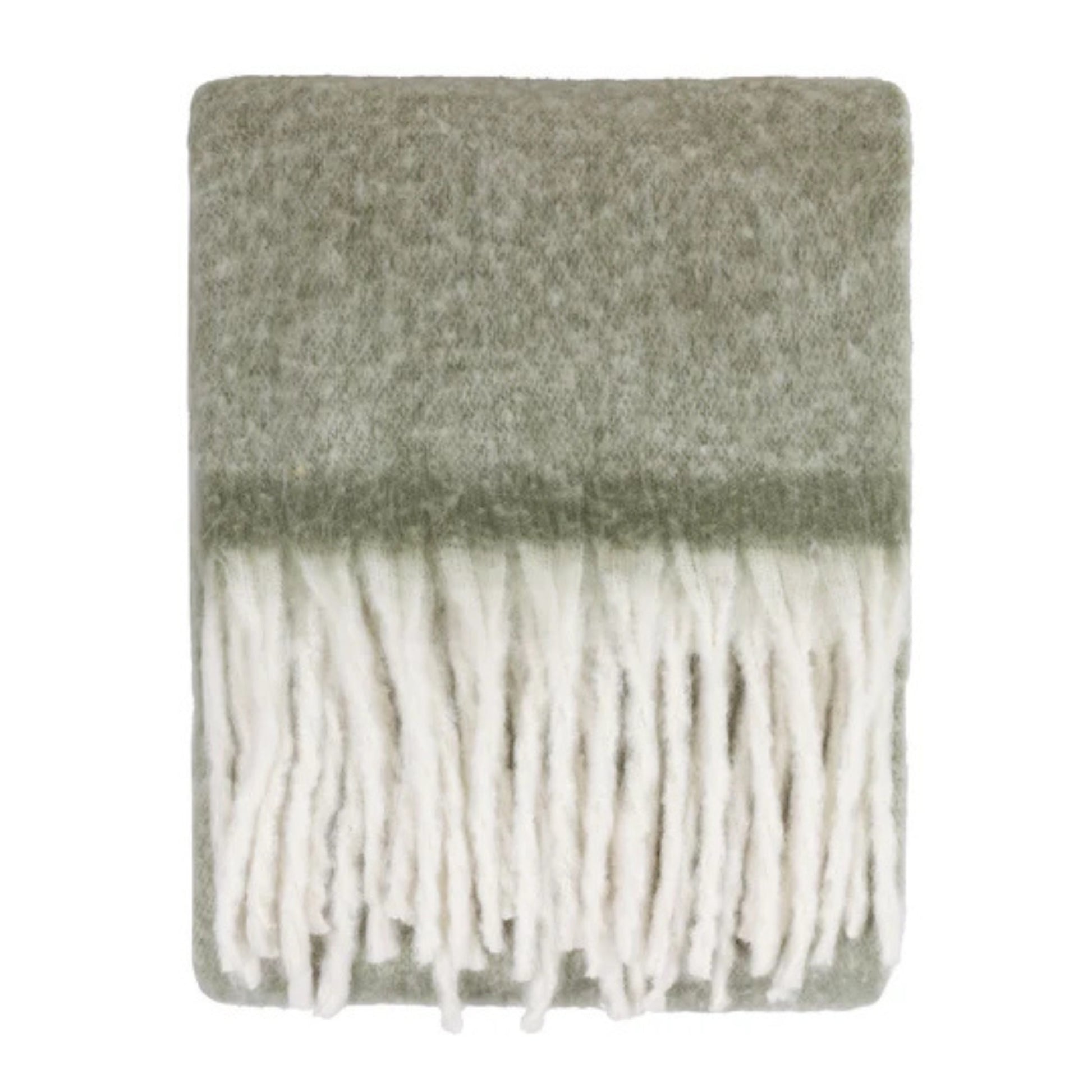 Green throw blanket with white fringe on a white background
