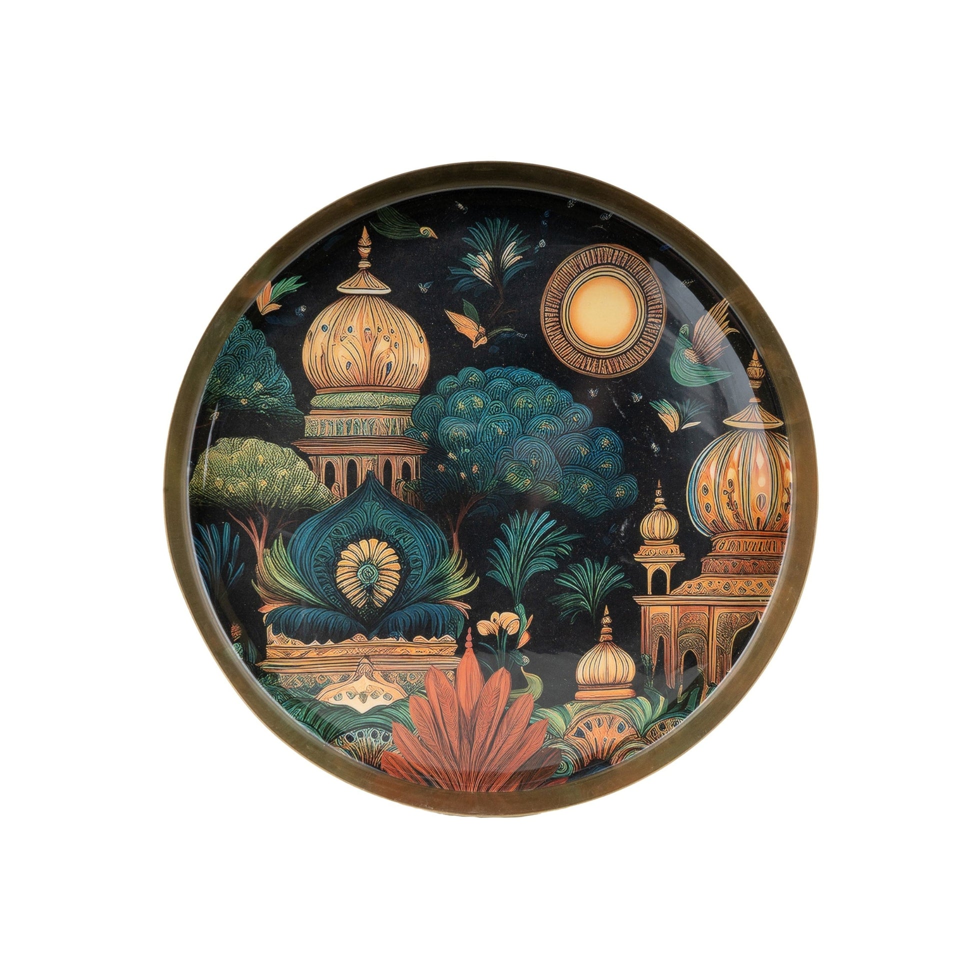 Decorative tray with artistic design of domed buildings and plants on a white background