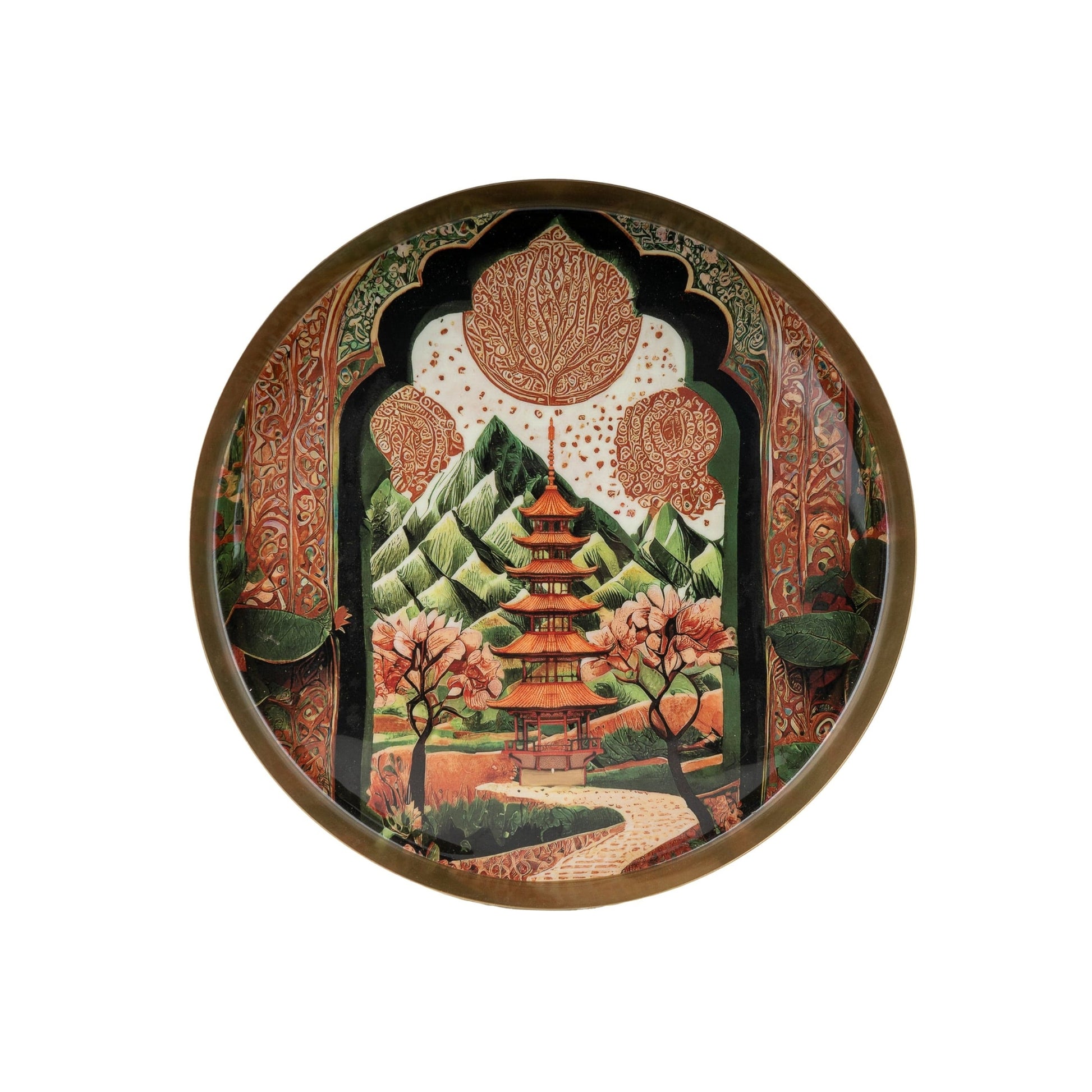 Decorative tray with a pagoda and mountain design on a white background