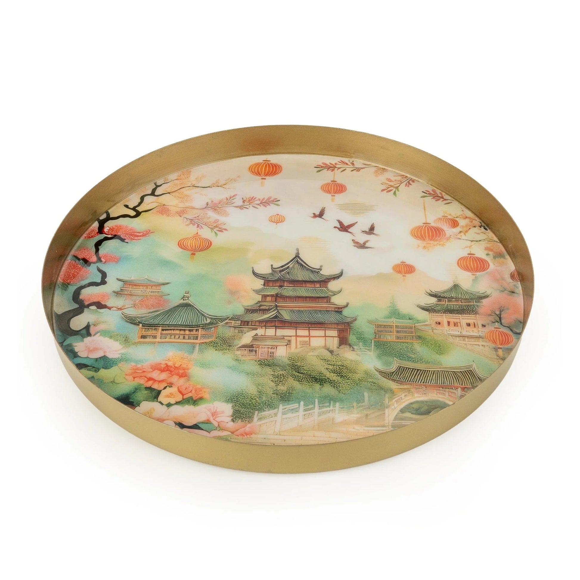 Decorative tray with a Japanese temple and cherry blossom design on a white background