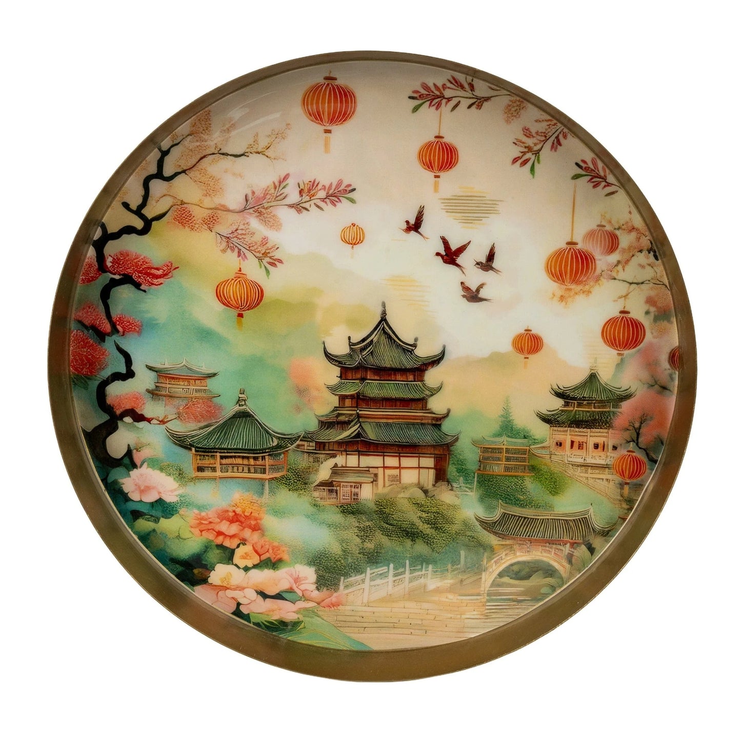 Decorative plate with a Japanese temple and lantern design on a white background