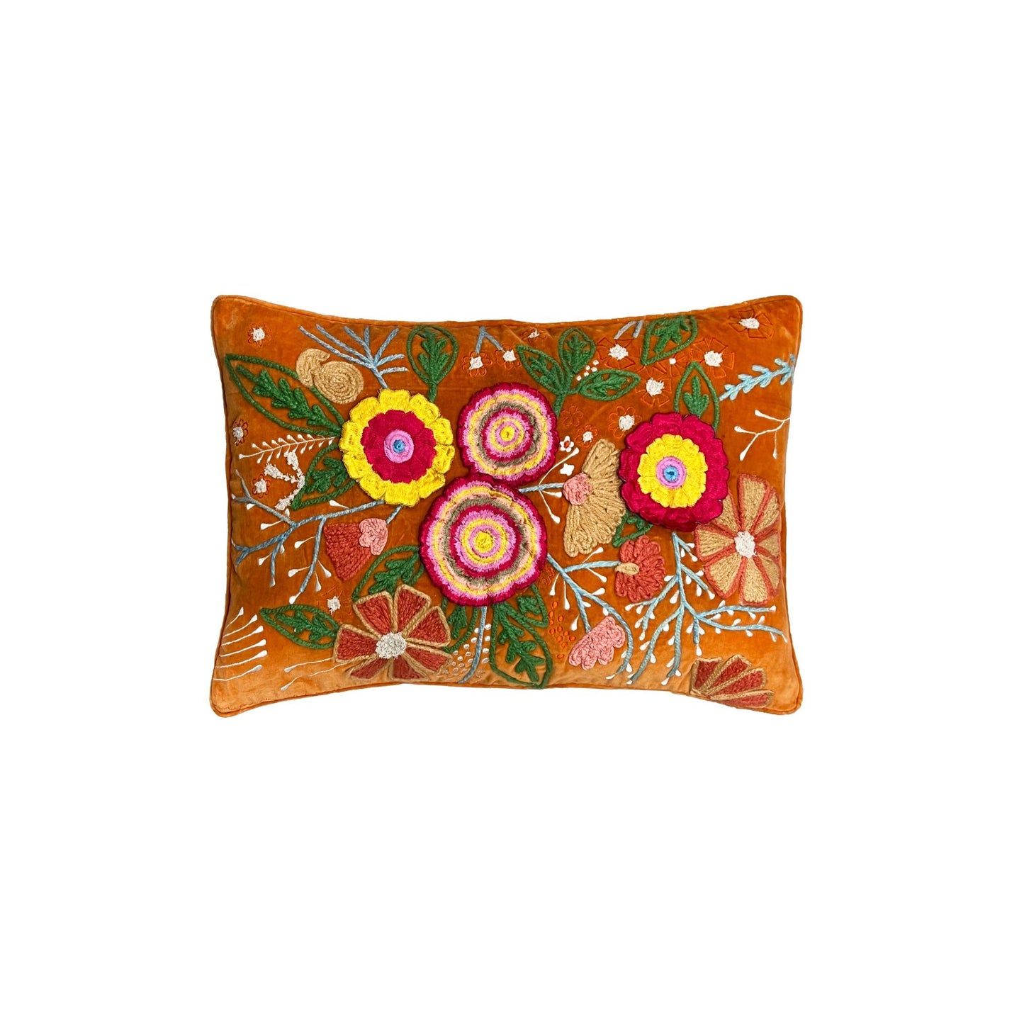 An ornately embroidered velvet cushion with a rich orange base and colourful floral patterns on it, featuring a luxurious feather filling.